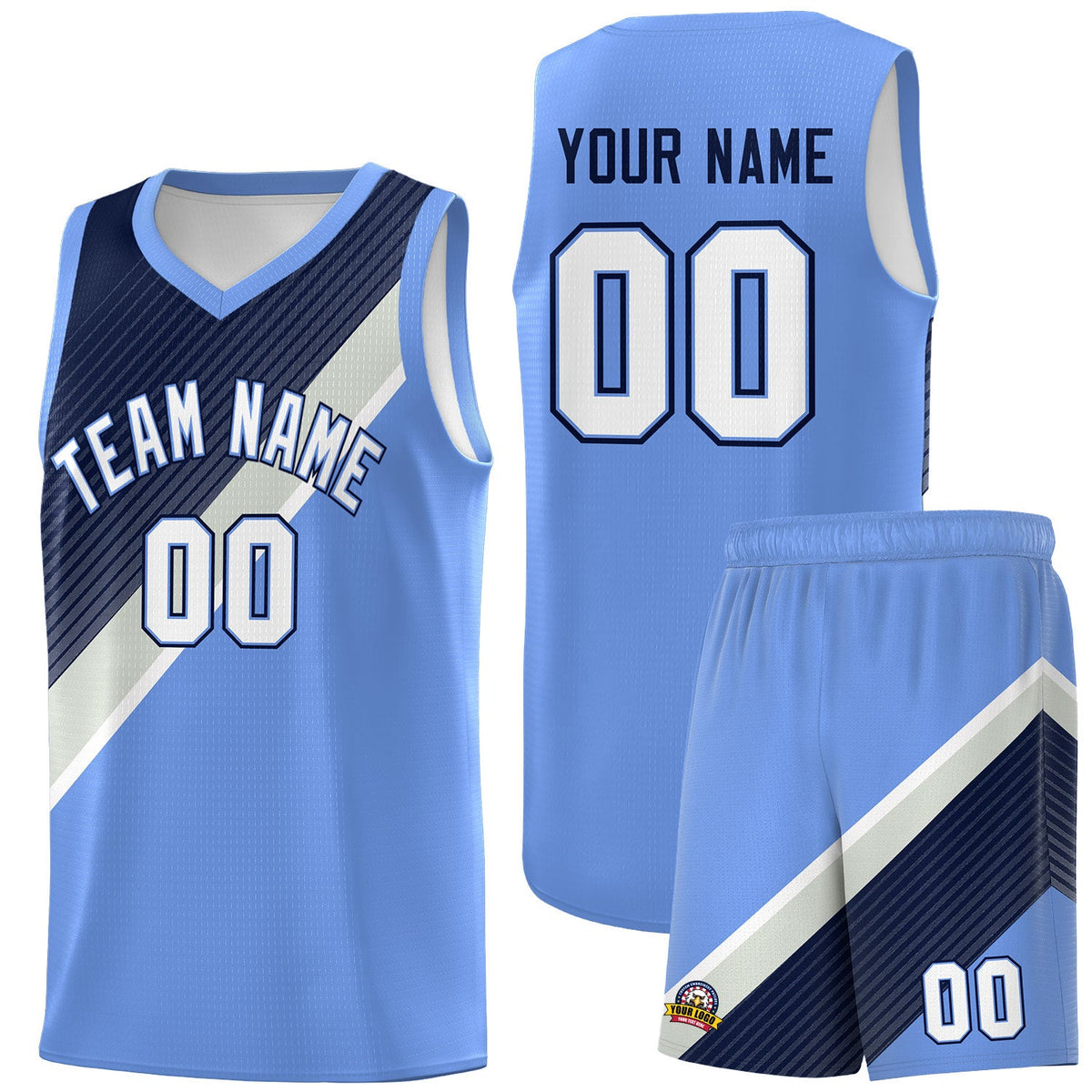 Custom Light Blue Navy Gray Diagonal Stripes Color Block Sets Basketball Jersey | For Men,Perfect for Teams,Perfect for Coaches,Sublimation Printed,For Kid,For Youth | KXKSHOP