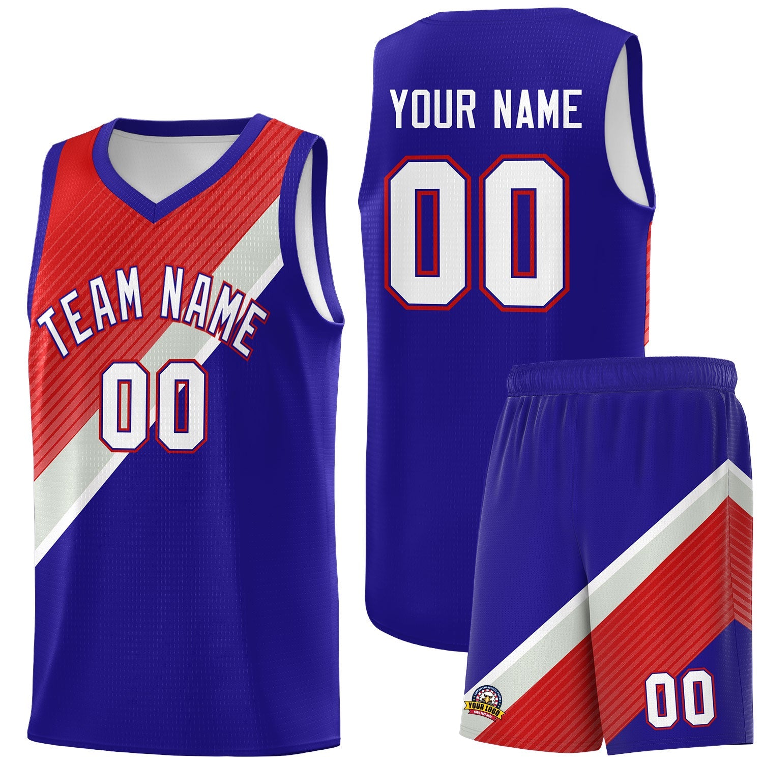 Custom Royal Red Gray Diagonal Stripes Color Block Sets Basketball Jersey | For Men,Perfect for Teams,Perfect for Coaches,Sublimation Printed,For Kid,For Youth | KXKSHOP