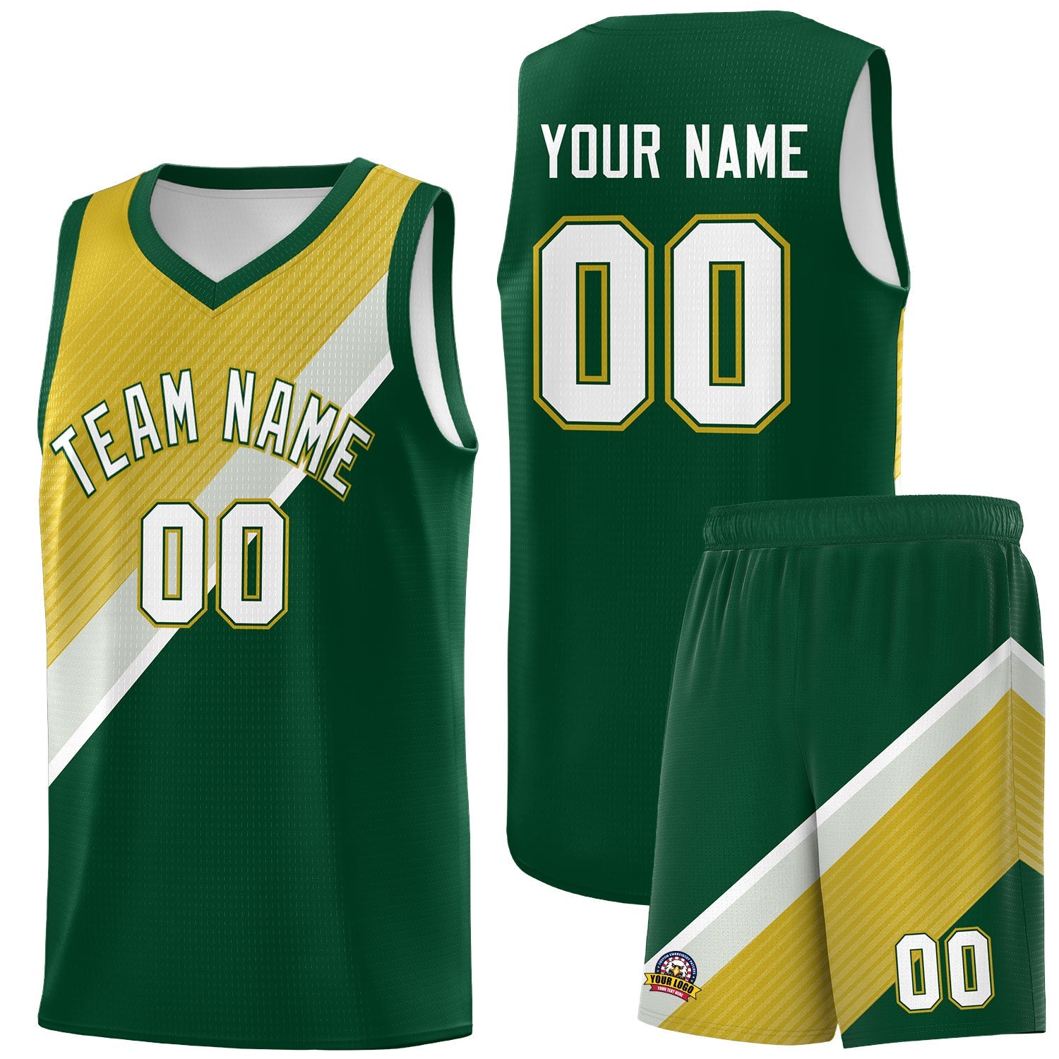 Custom Hunter Green Old Gold Gray Diagonal Stripes Color Block Sets Basketball Jersey | For Men,Perfect for Teams,Perfect for Coaches,Sublimation Printed,For Kid,For Youth | KXKSHOP