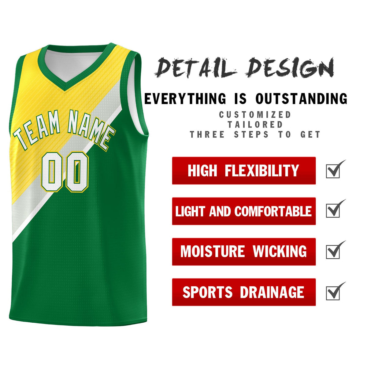 Custom Kelly Green Gold Gray Diagonal Stripes Color Block Sets Basketball Jersey | For Men,Perfect for Teams,Perfect for Coaches,Sublimation Printed,For Kid,For Youth | KXKSHOP