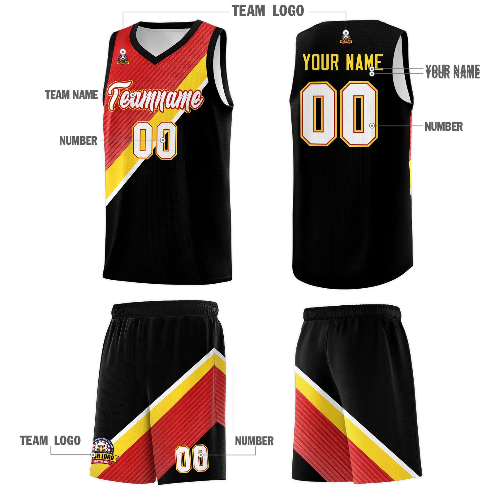 Custom Red Gold Black Diagonal Stripes Color Block Sets Basketball Jersey | For Men,Perfect for Teams,Perfect for Coaches,Sublimation Printed,For Kid,For Youth | KXKSHOP
