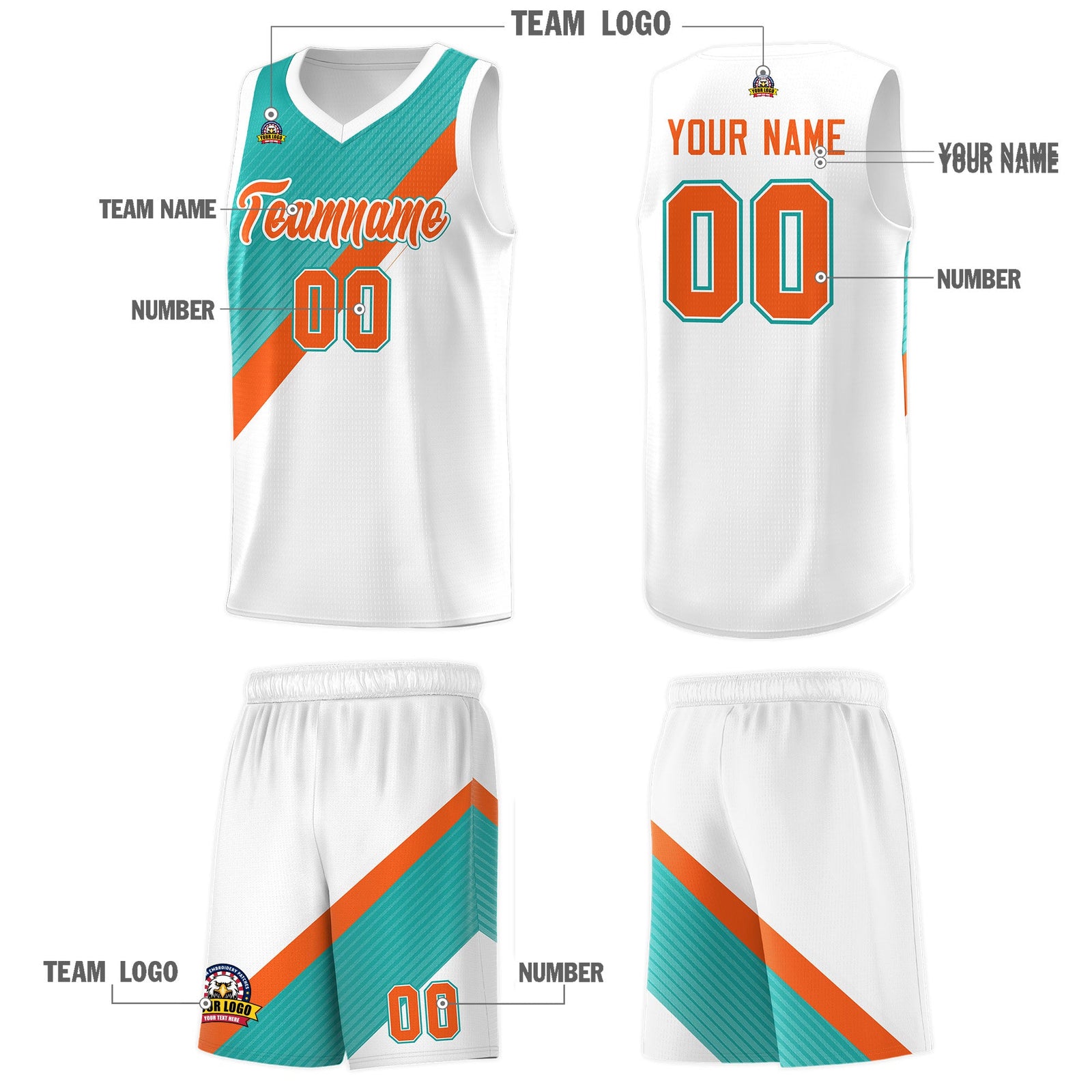 Custom Aqua Orange White Diagonal Stripes Color Block Sets Basketball Jersey | For Men,Perfect for Teams,Perfect for Coaches,Sublimation Printed,For Kid,For Youth | KXKSHOP