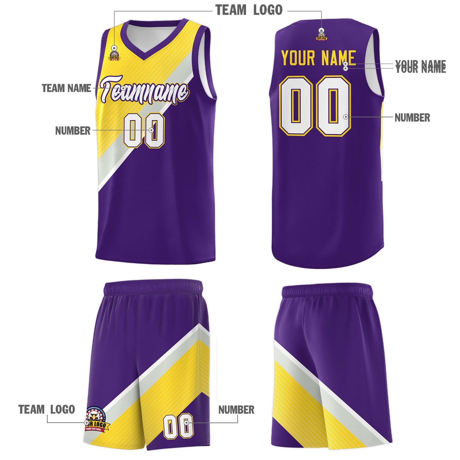 Custom Purple Gold Gray Diagonal Stripes Color Block Sets Basketball Jersey | For Men,Perfect for Teams,Perfect for Coaches,Sublimation Printed,For Kid,For Youth | KXKSHOP