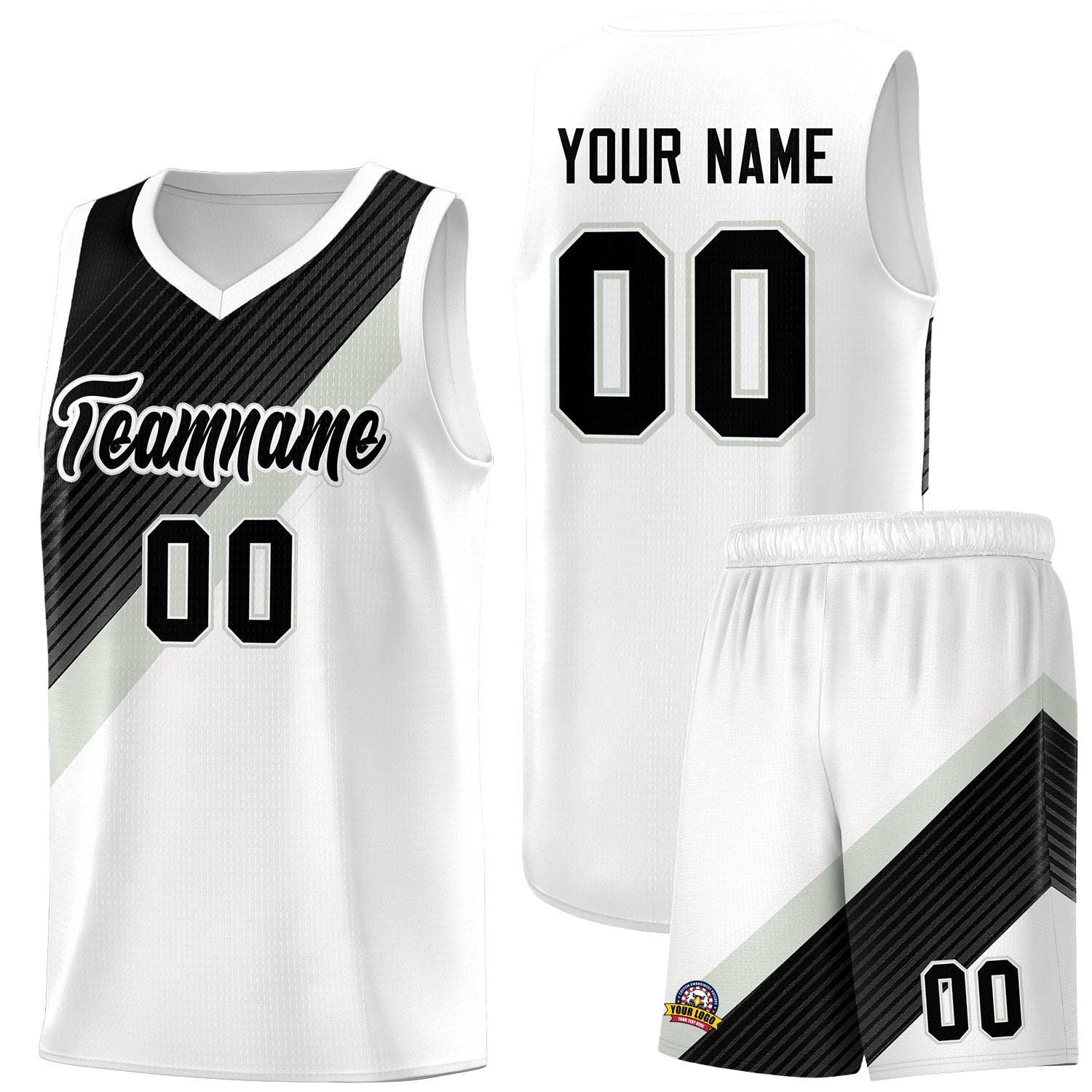 Custom White Black Gray Diagonal Stripes Color Block Sets Basketball Jersey | For Men,Perfect for Teams,Perfect for Coaches,Sublimation Printed,For Kid,For Youth | KXKSHOP