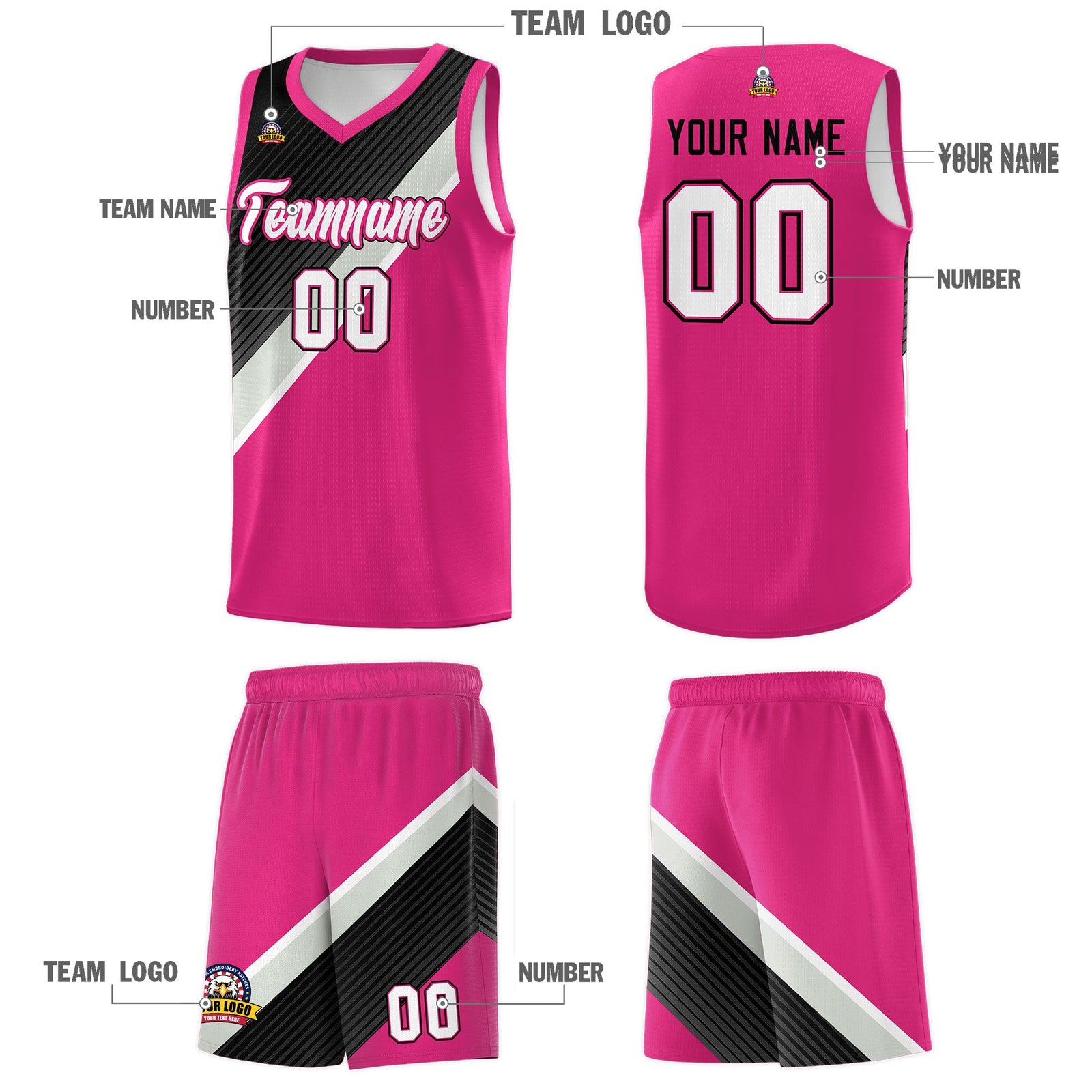 Custom Rose Red Sky Blue Black Gray Diagonal Stripes Color Block Sets Basketball Jersey | For Men,Perfect for Teams,Perfect for Coaches,Sublimation Printed,For Kid,For Youth | KXKSHOP