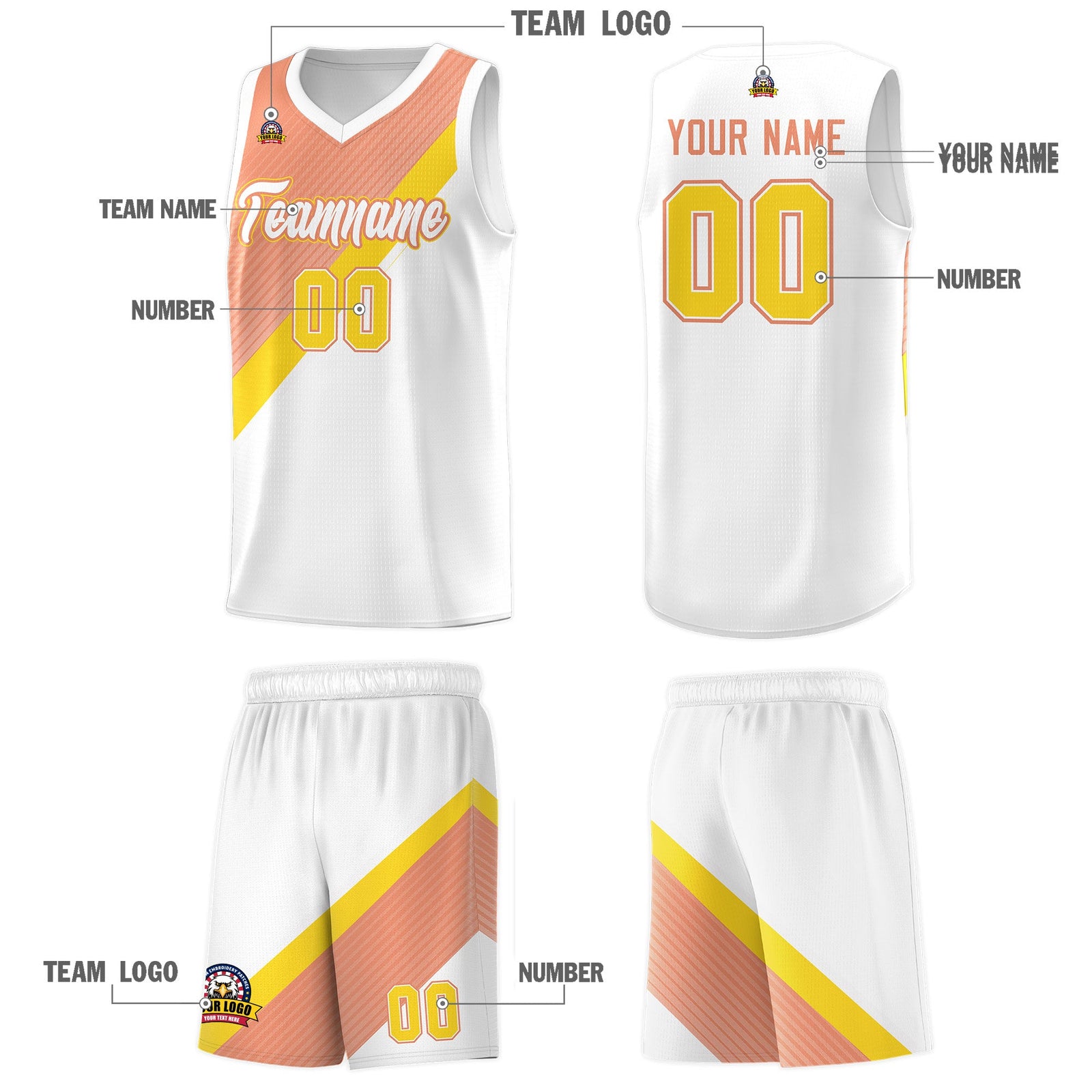 Custom White Light Orange Gold Diagonal Stripes Color Block Sets Basketball Jersey | For Men,Perfect for Teams,Perfect for Coaches,Sublimation Printed,For Kid,For Youth | KXKSHOP