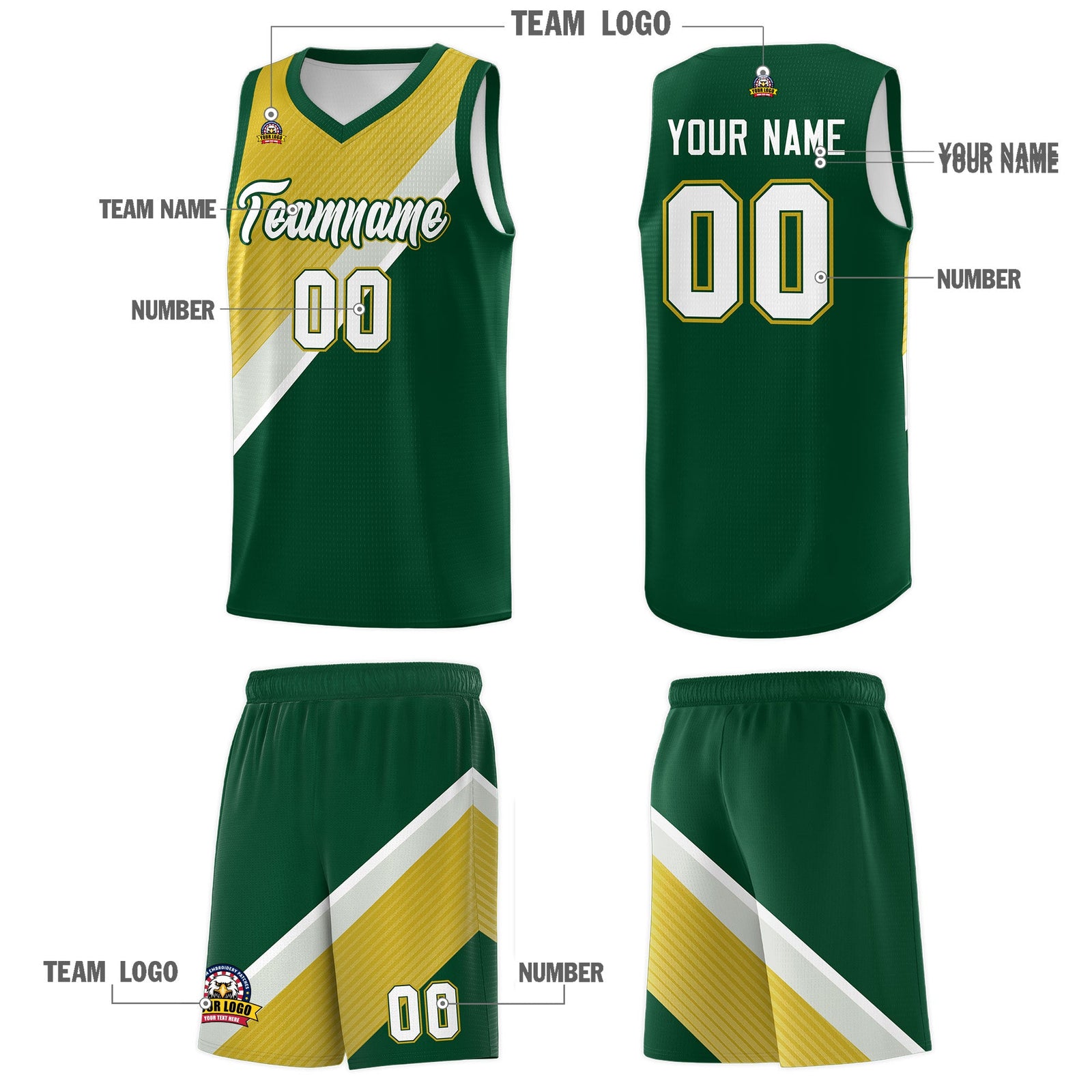 Custom Hunter Green Old Gold Gray Diagonal Stripes Color Block Sets Basketball Jersey | For Men,Perfect for Teams,Perfect for Coaches,Sublimation Printed,For Kid,For Youth | KXKSHOP