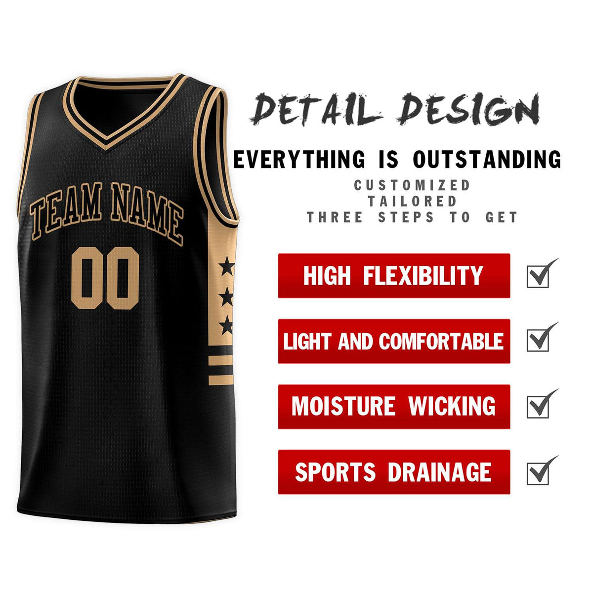 Custom Black Old Gold Personalized Star Pattern Sports Uniform Basketball Jersey