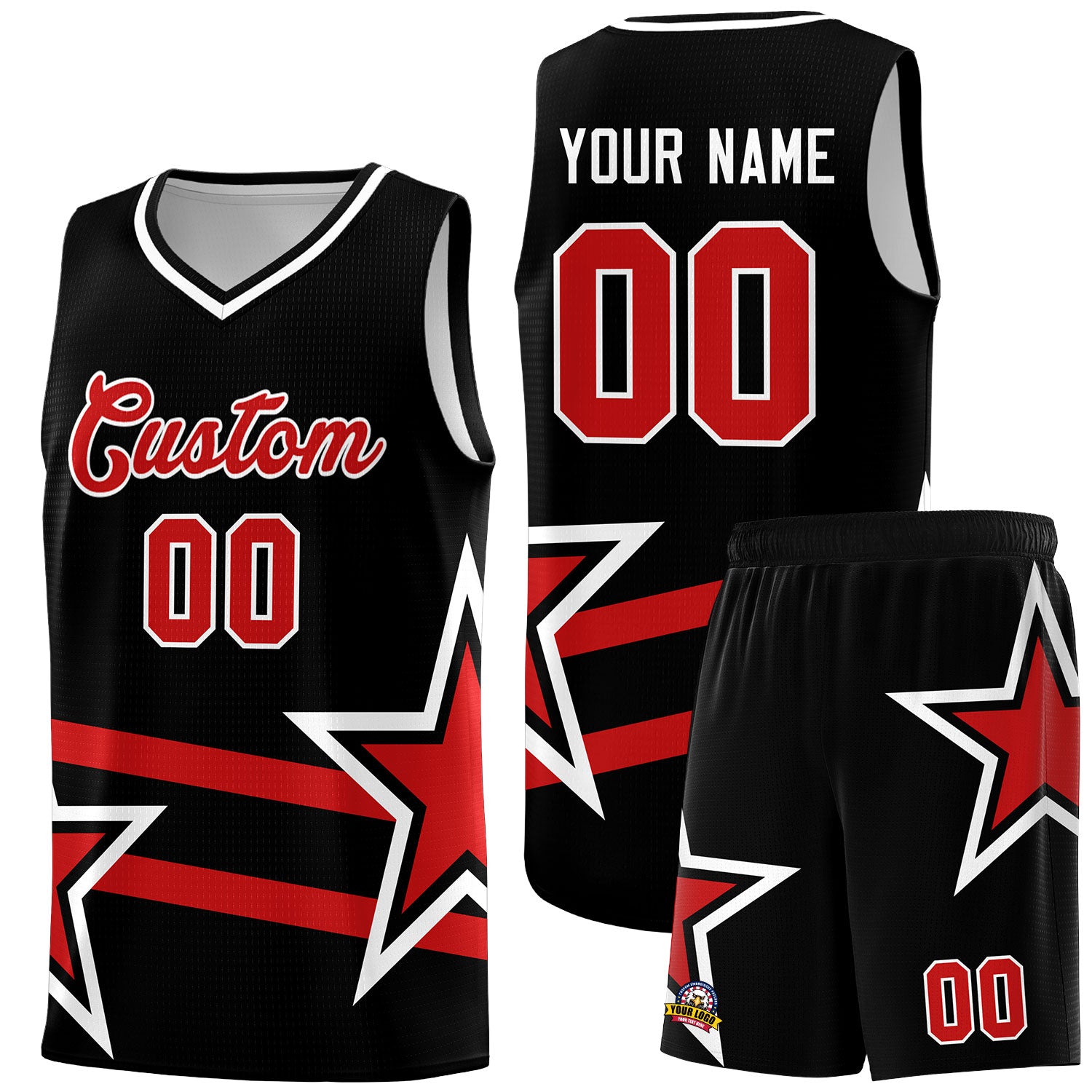 Custom Black Basketball Kits With Red Star Pattern And Double Lines