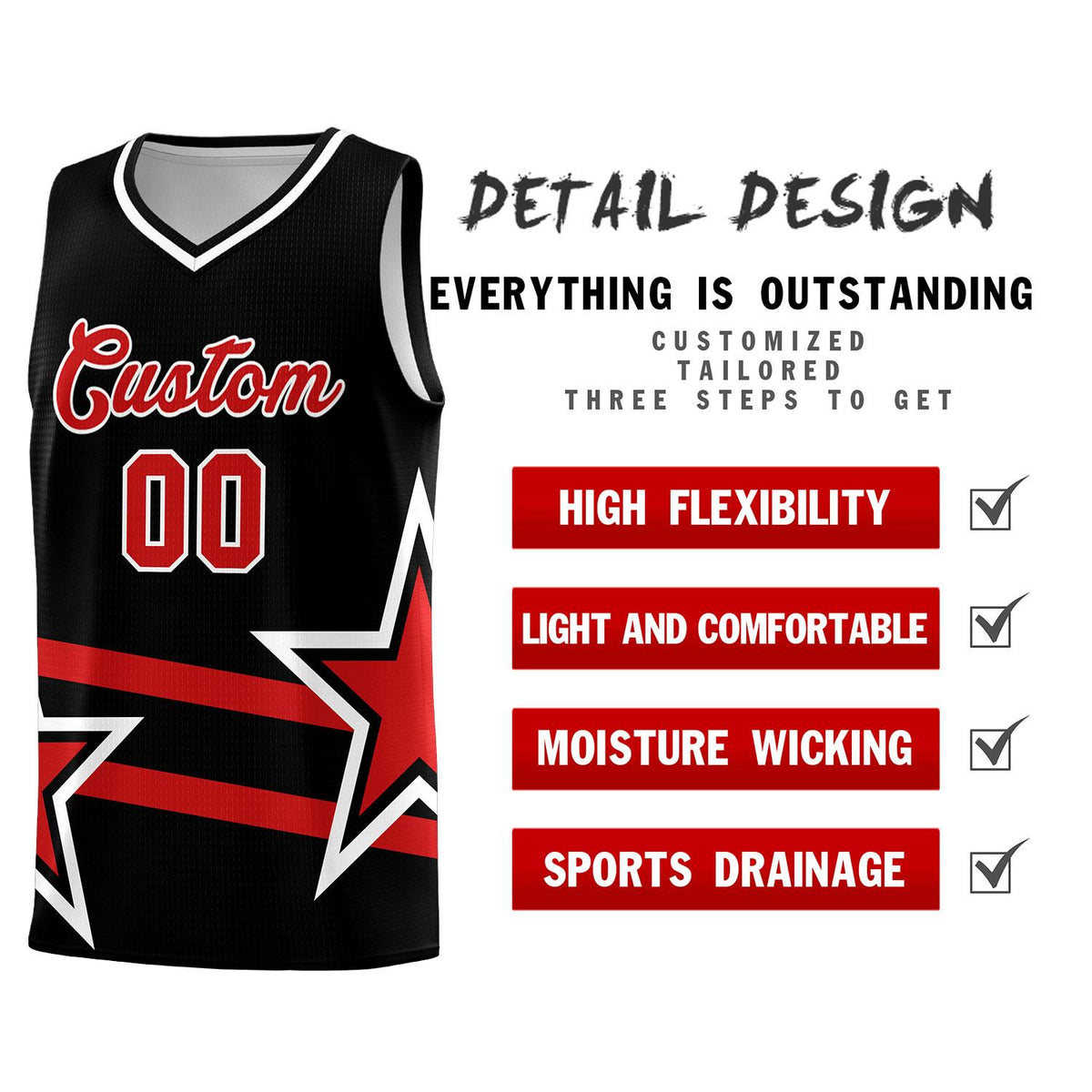 Custom Black Basketball Kits With Red Star Pattern And Double Lines