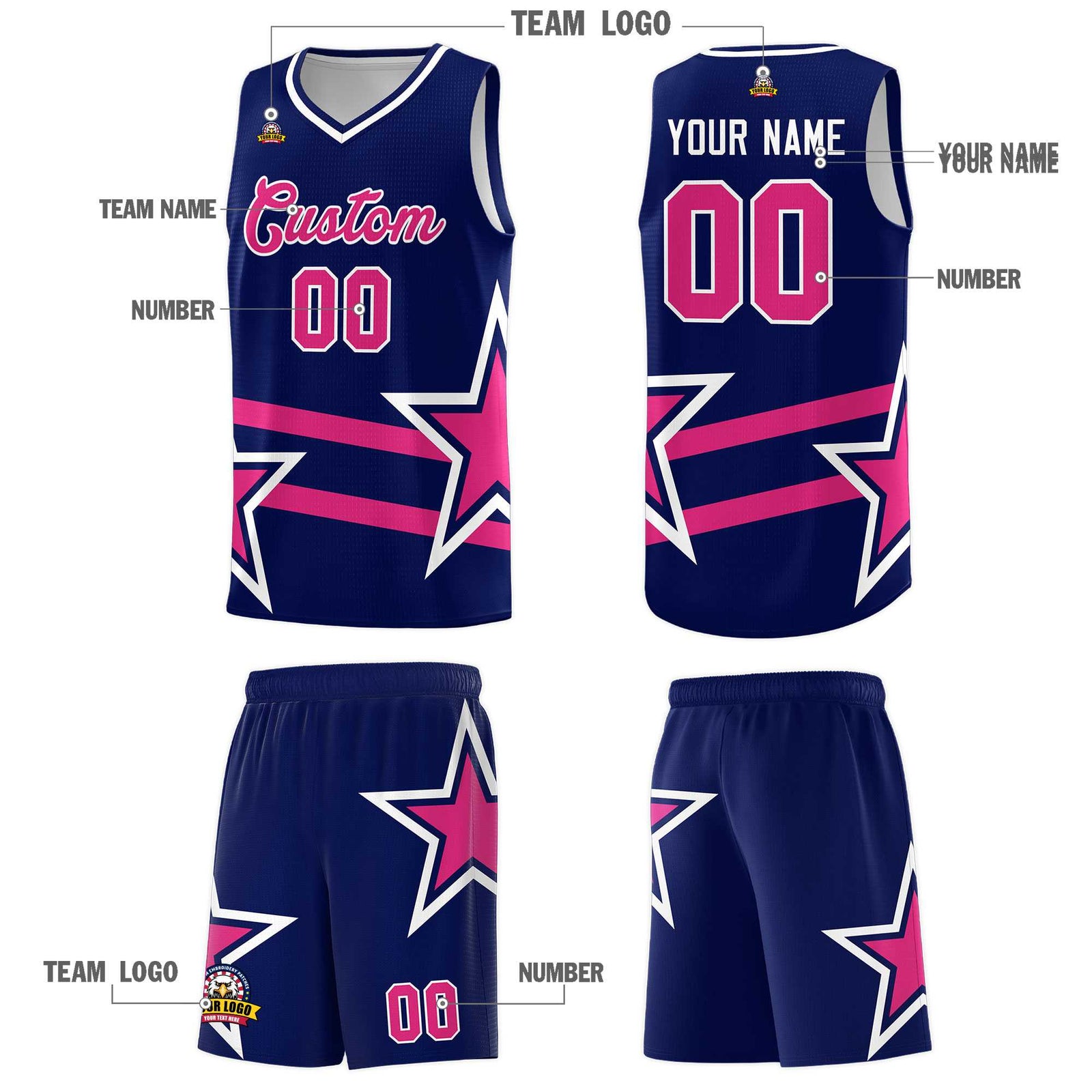 Custom Navy Basketball Kits With Rose Red Star Pattern And Double Lines
