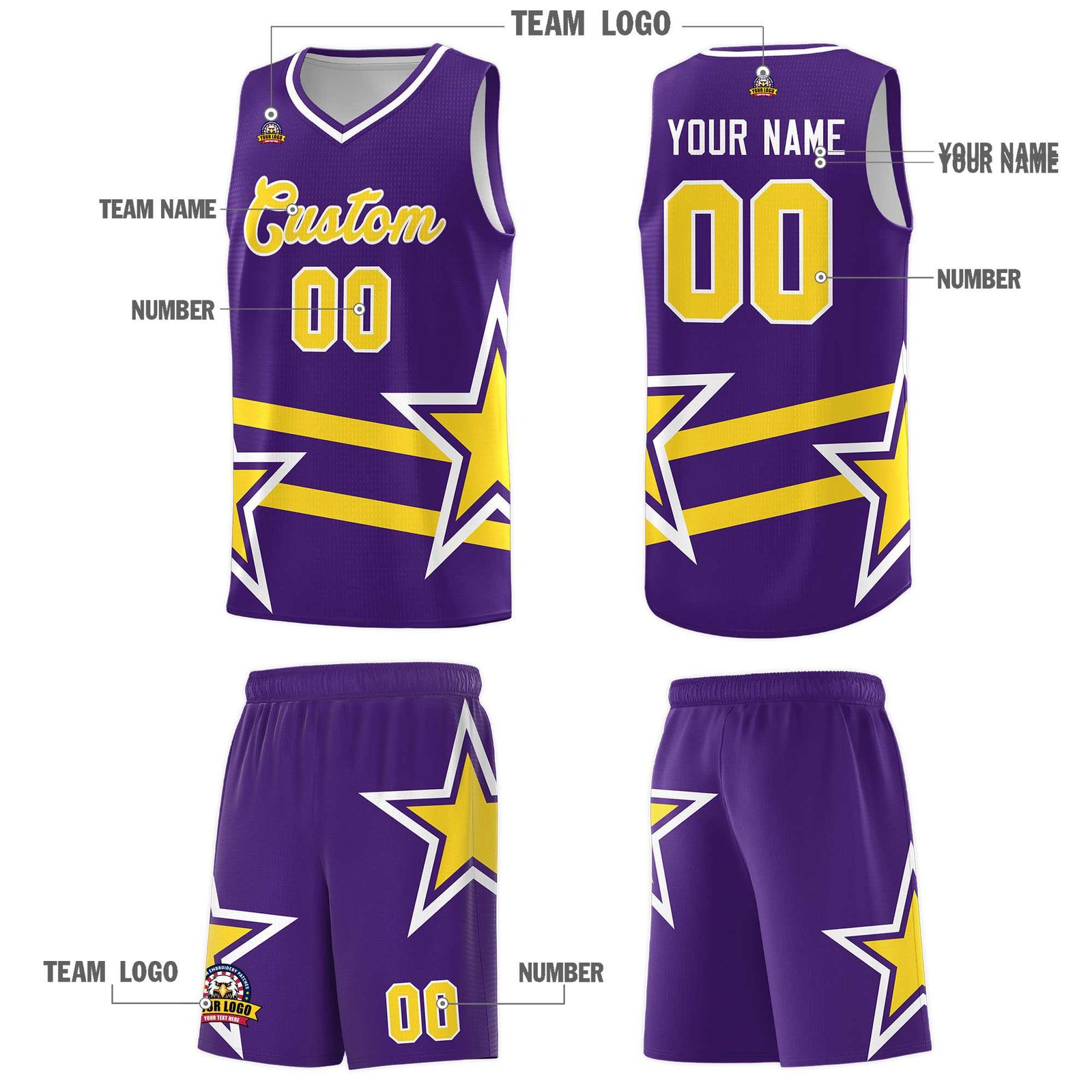 Custom Purple Basketball Kits With Gold Star Pattern And Double Lines