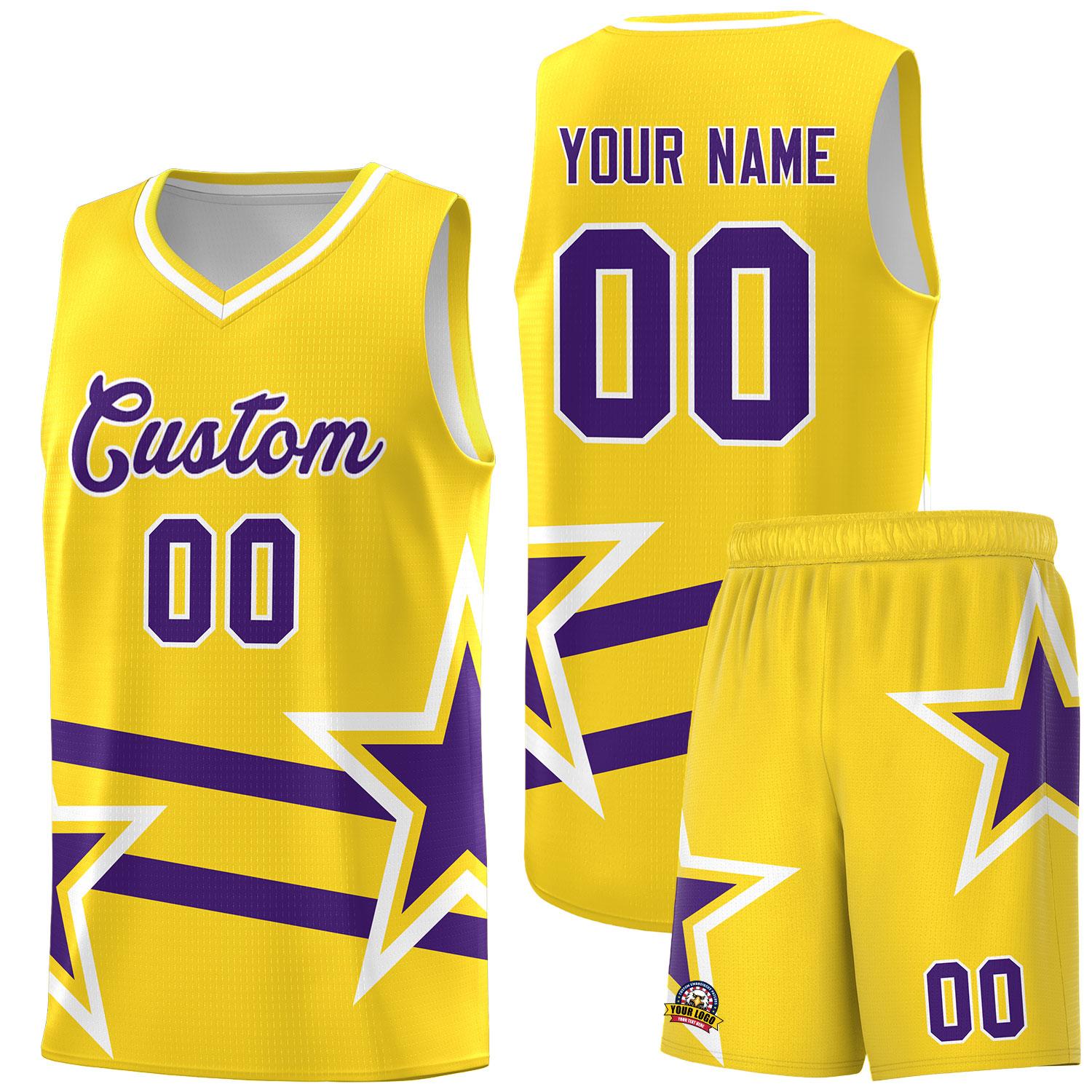 Custom Gold Basketball Kits With Purple Star Pattern And Double Lines