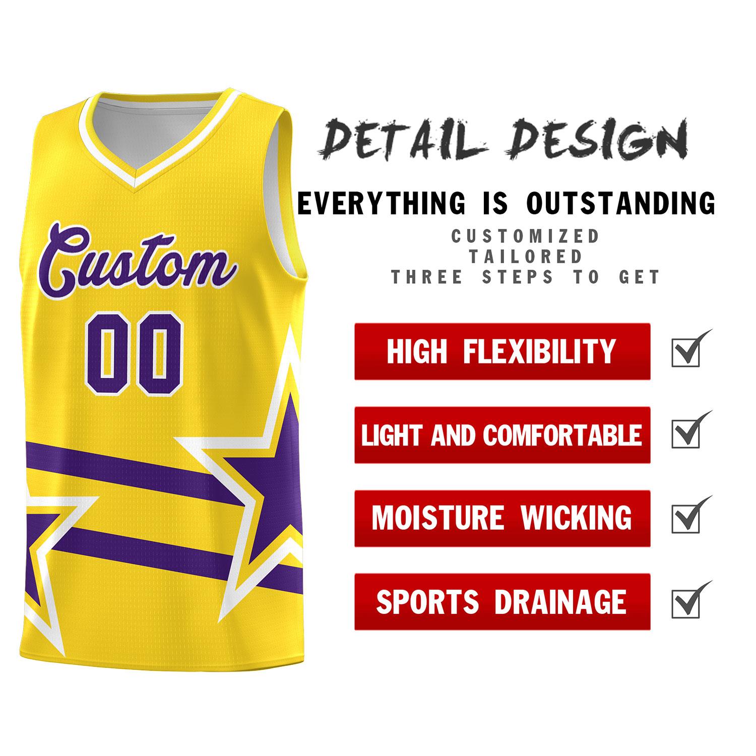 Custom Gold Basketball Kits With Purple Star Pattern And Double Lines