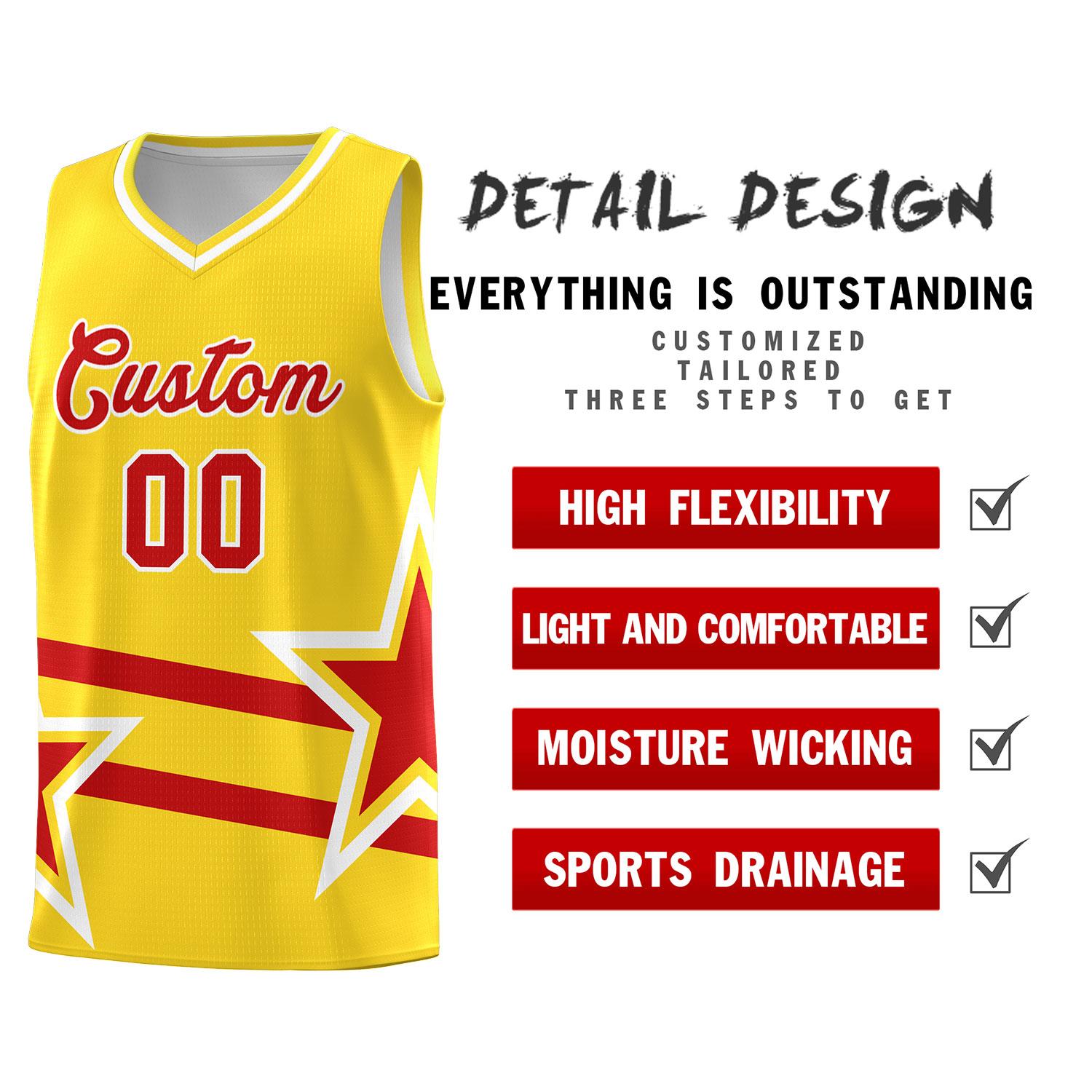 Custom Gold Basketball Kits With Red Star Pattern And Double Lines