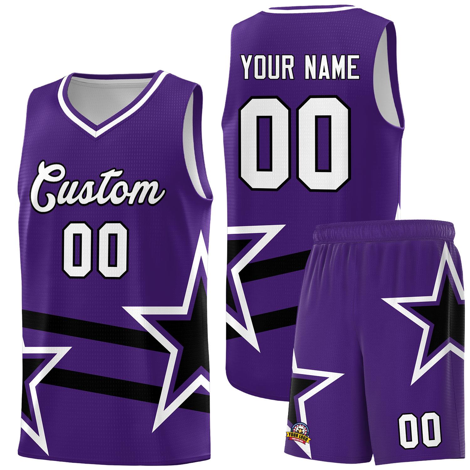 Custom Purple Basketball Kits With Black Star Pattern And Double Lines