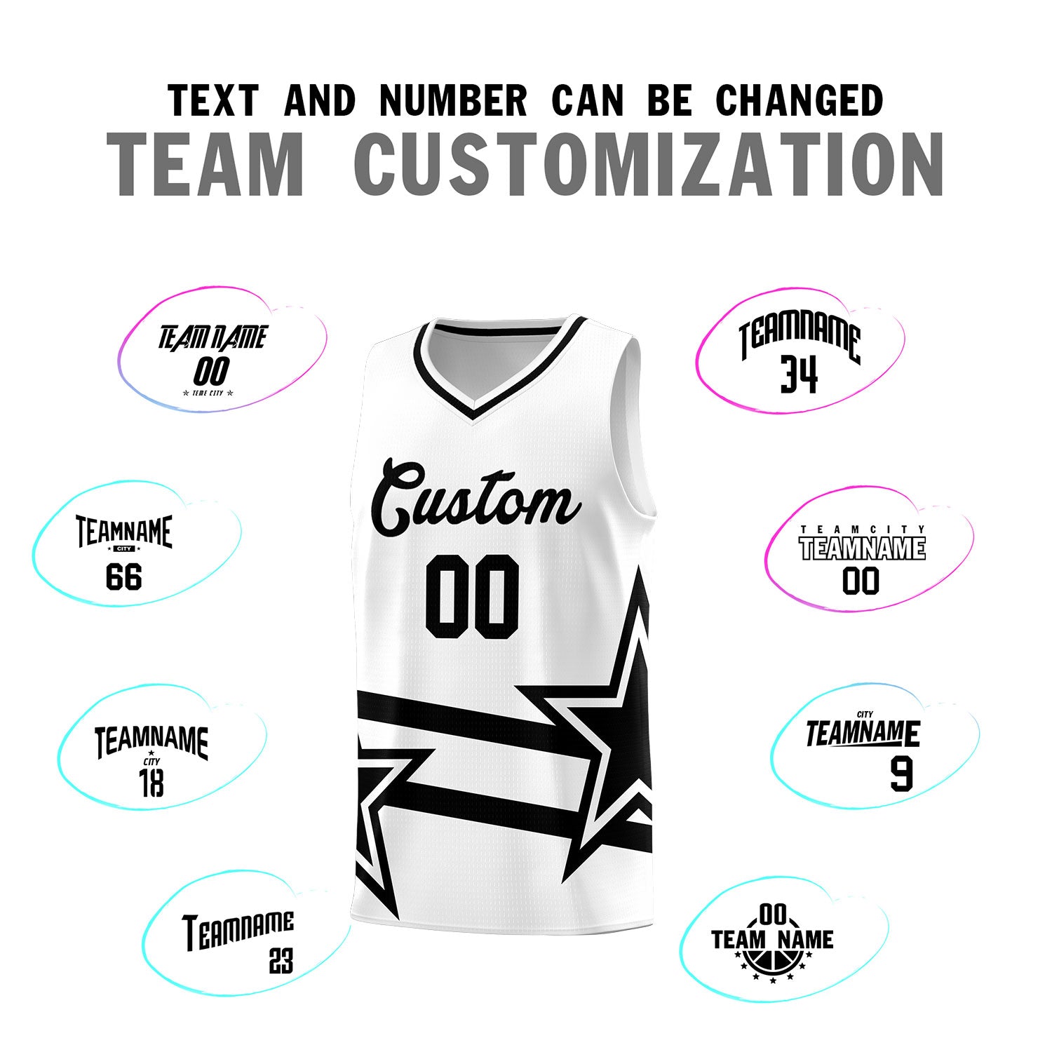 Custom White Basketball Kits With Black Star Pattern And Double Lines