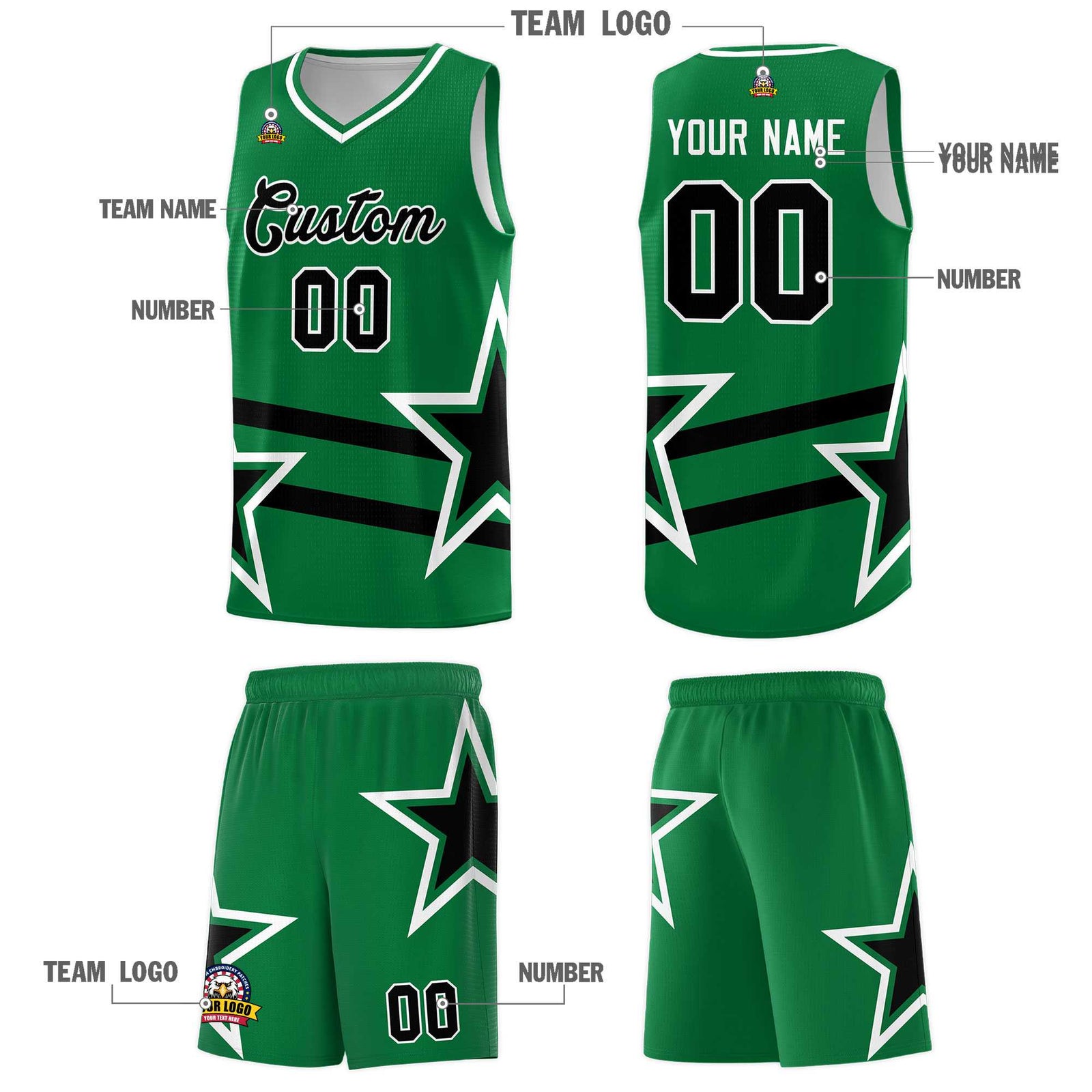 Custom Kelly Green Basketball Kits With Black Star Pattern And Double Lines