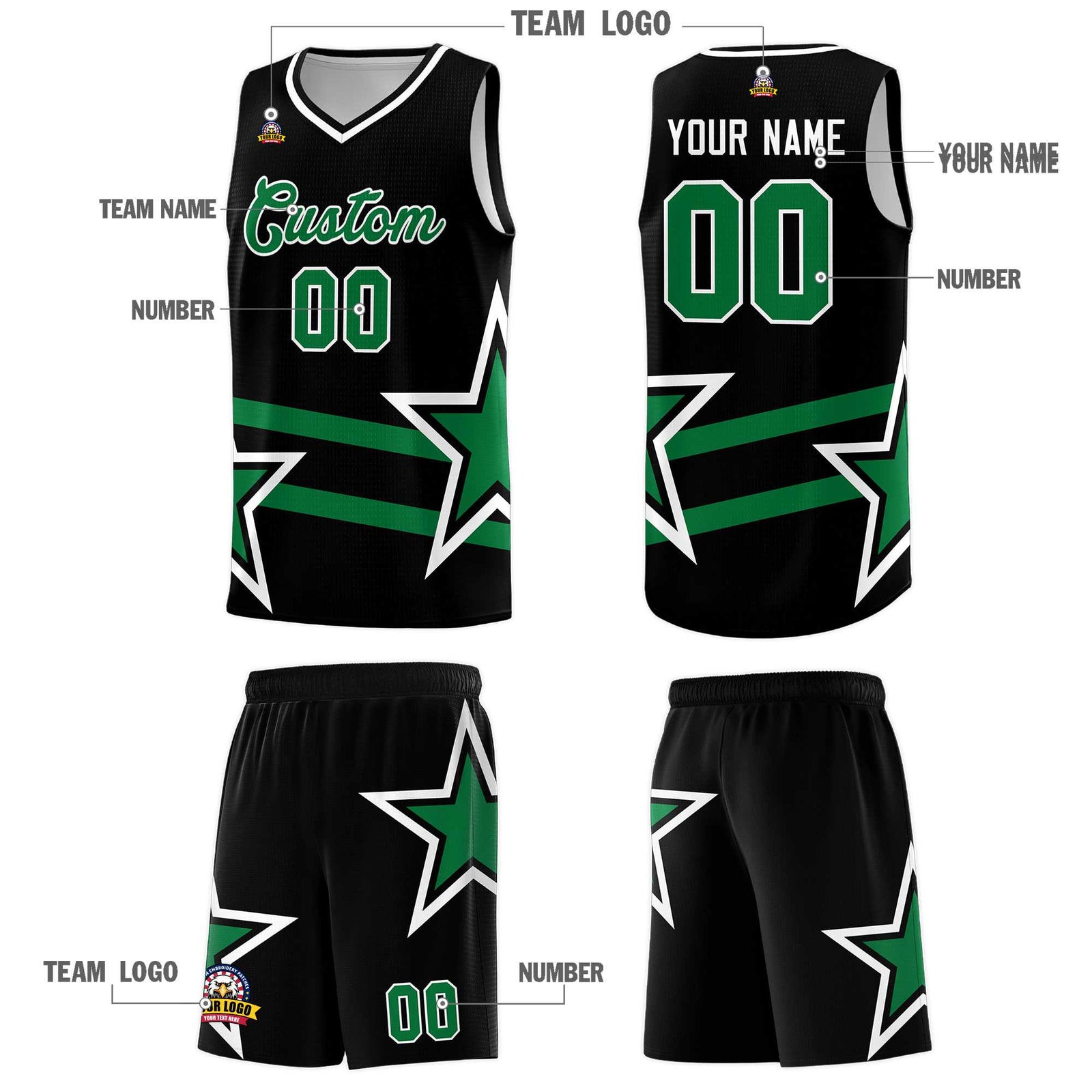 Custom Black Basketball Kits With Kelly Green Star Pattern And Double Lines