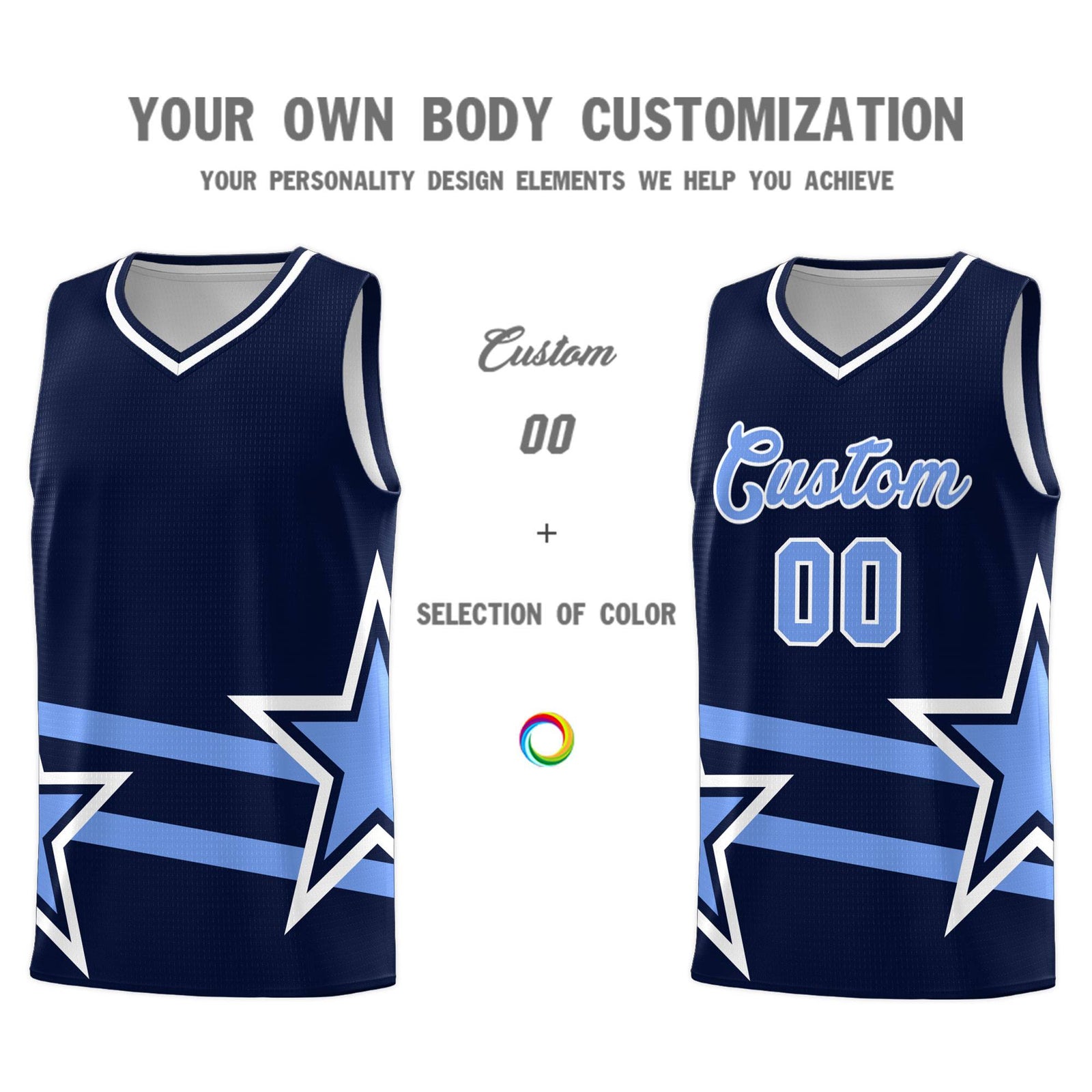 Custom Navy Basketball Kits With Light Blue Star Pattern And Double Lines