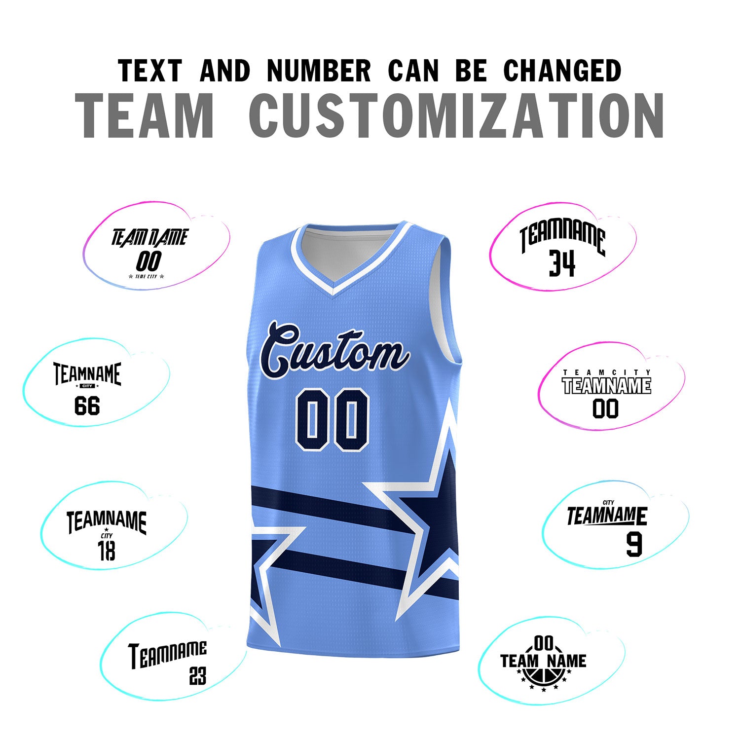 Custom Light Blue Basketball Kits With Navy Star Pattern And Double Lines