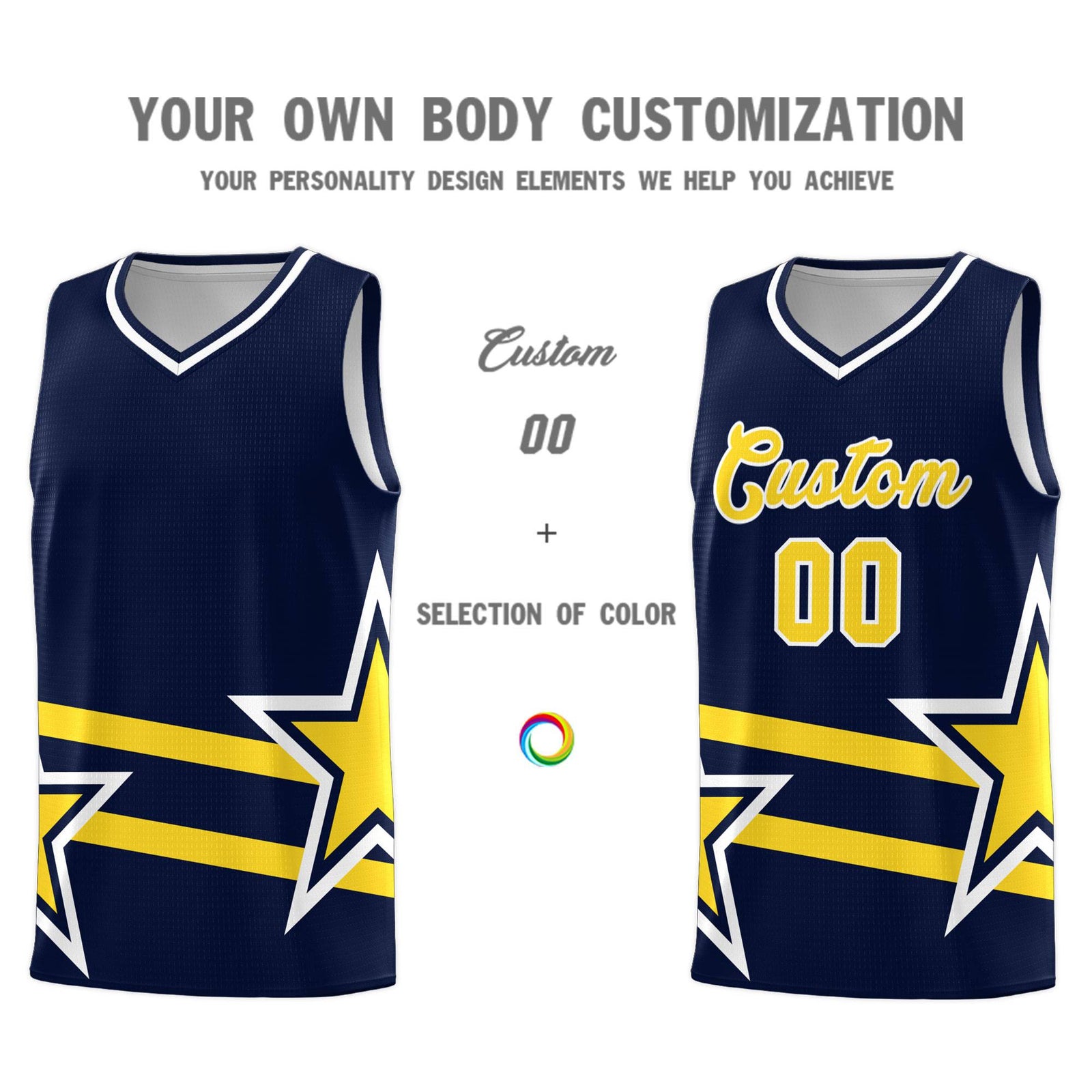 Custom Navy Basketball Kits With Gold Star Pattern And Double Lines