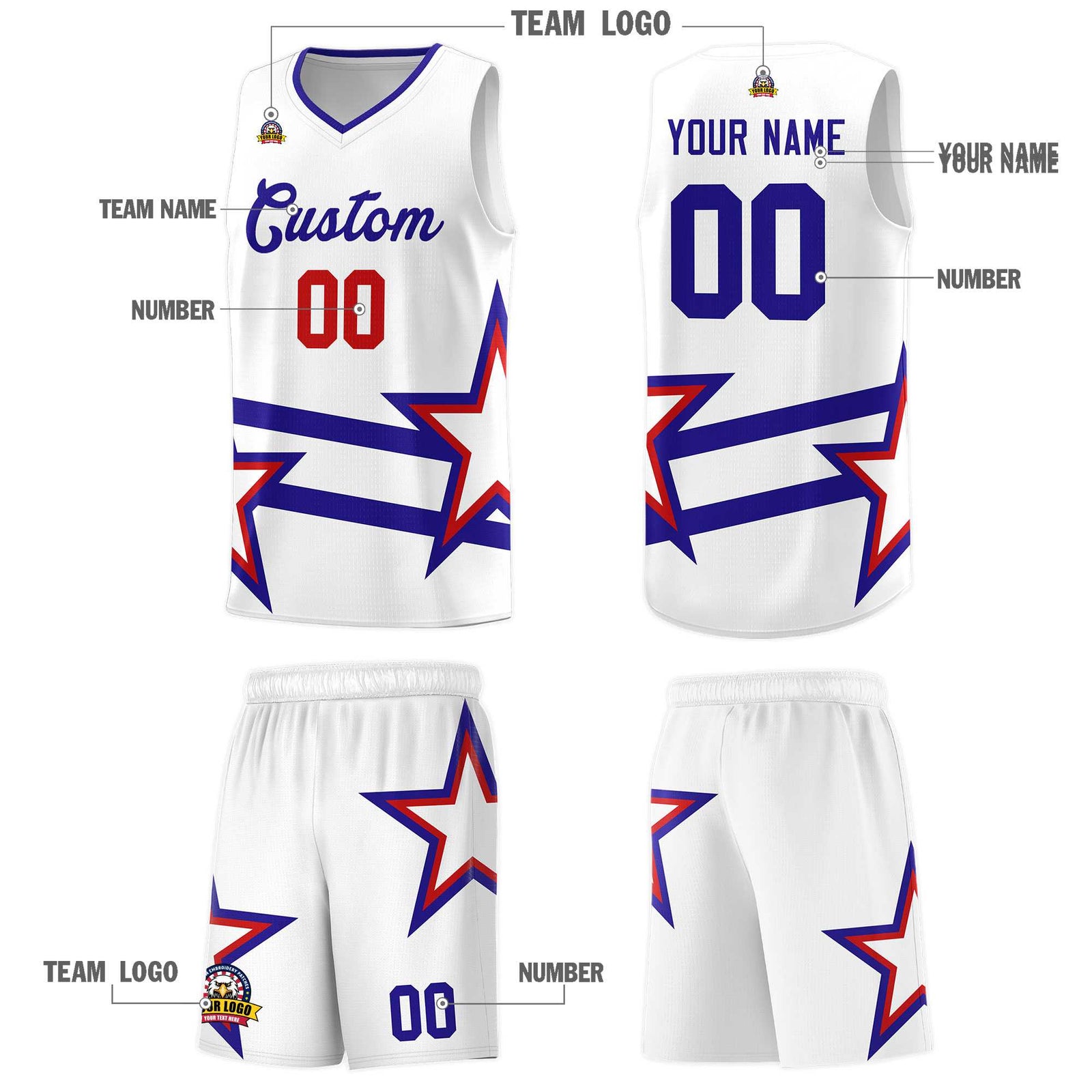 Custom Red Basketball Kits With Royal Star Pattern And Double Lines