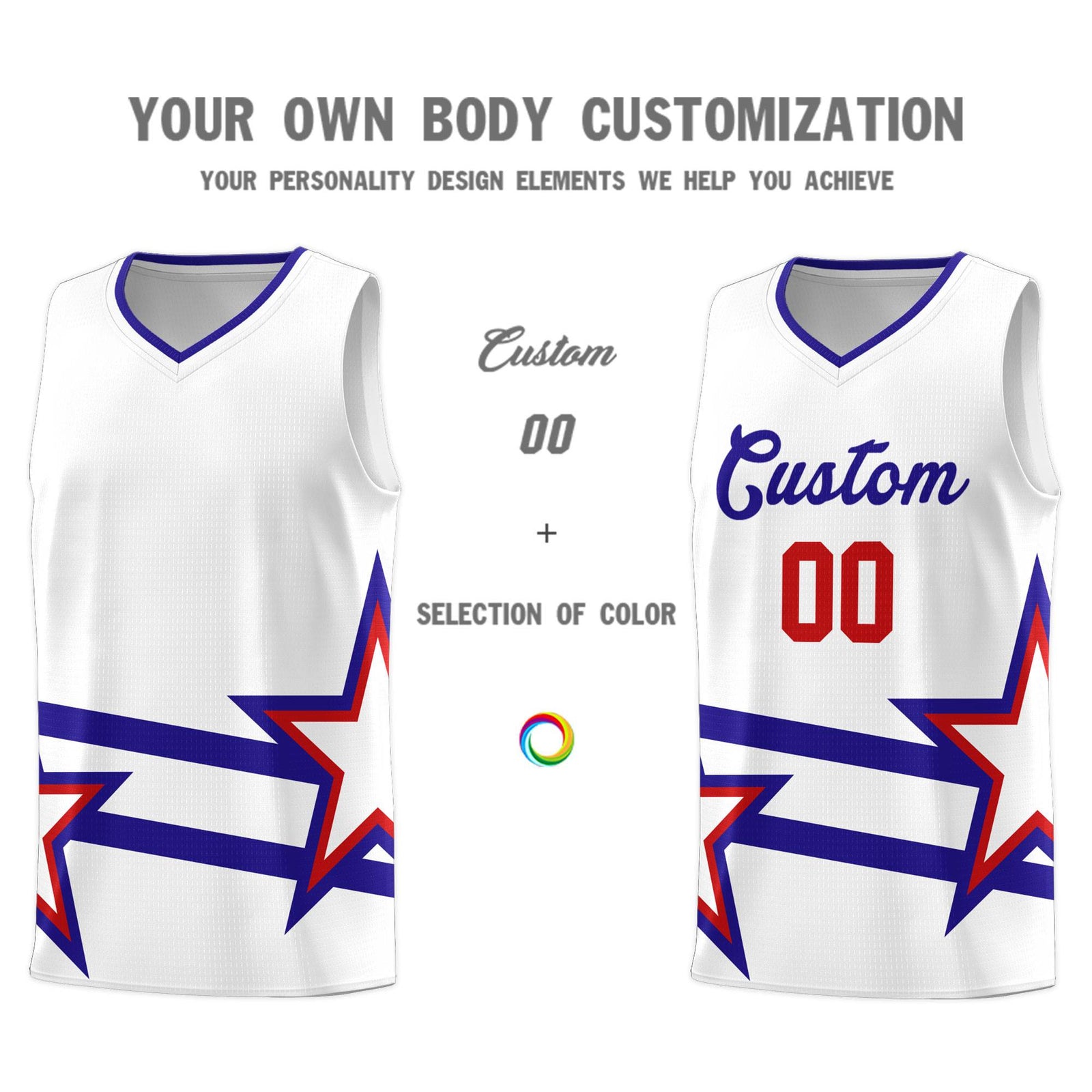 Custom Red Basketball Kits With Royal Star Pattern And Double Lines
