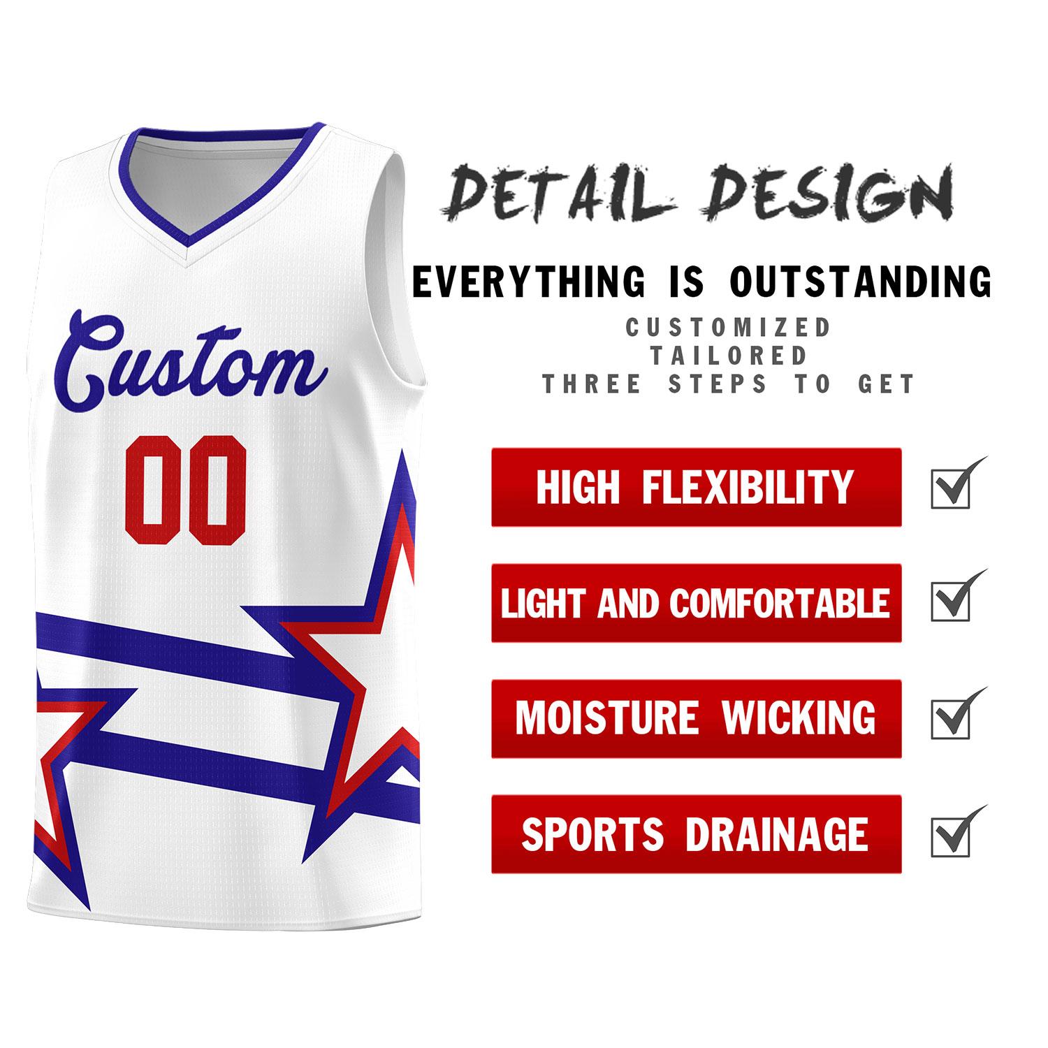 Custom Red Basketball Kits With Royal Star Pattern And Double Lines