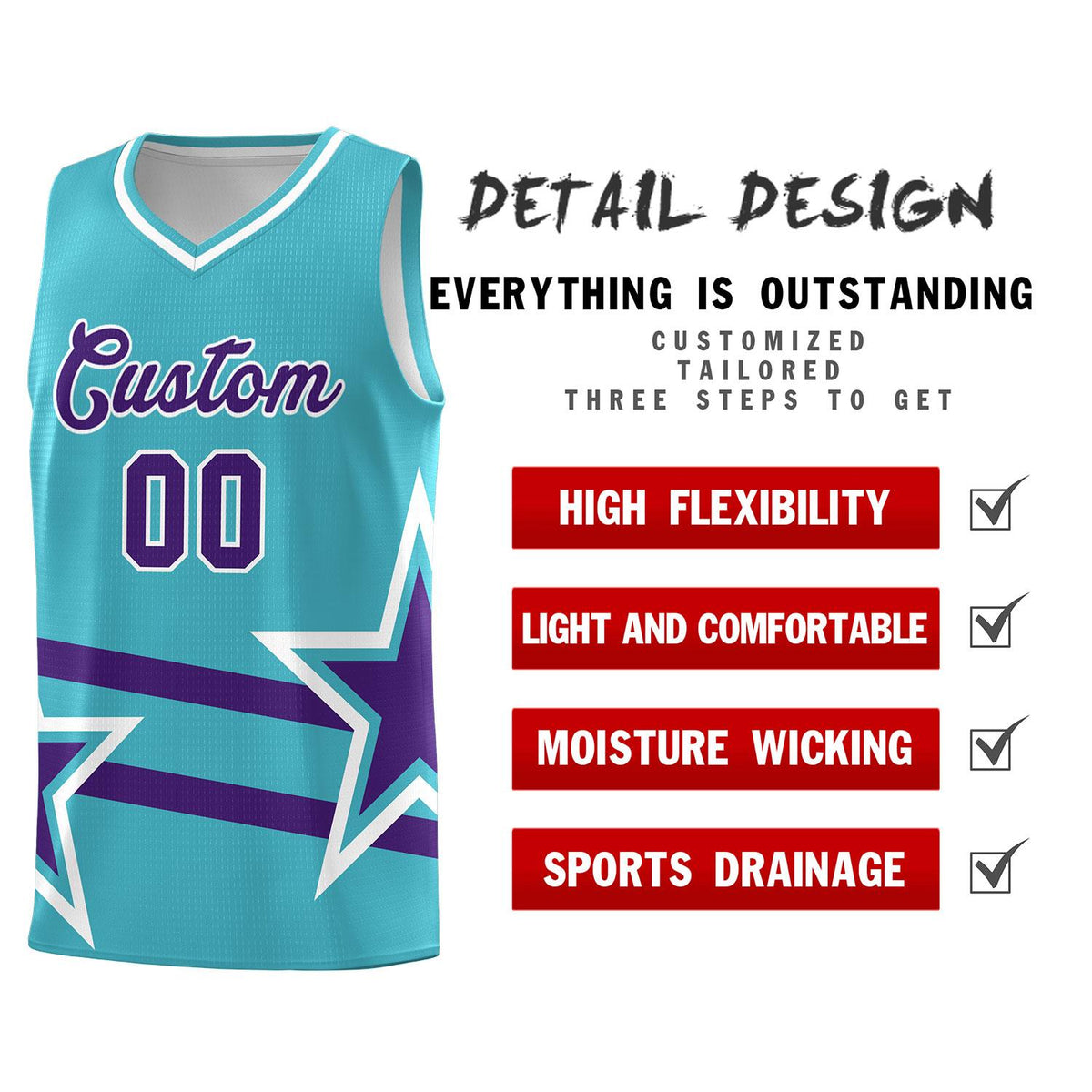 Custom Sky Blue Basketball Kits With Purple Star Pattern And Double Lines