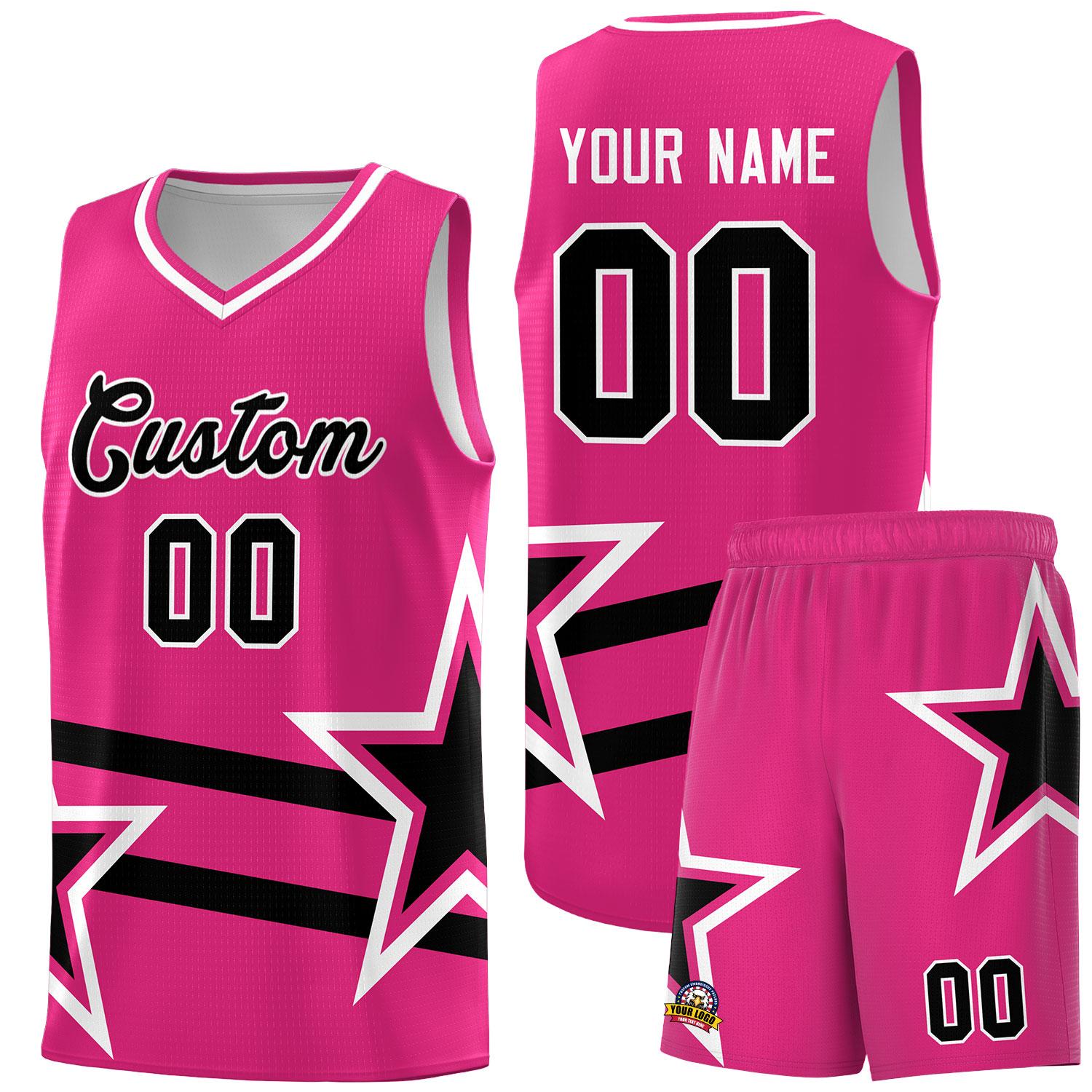 Custom Rose Red Basketball Kits With Black Star Pattern And Double Lines