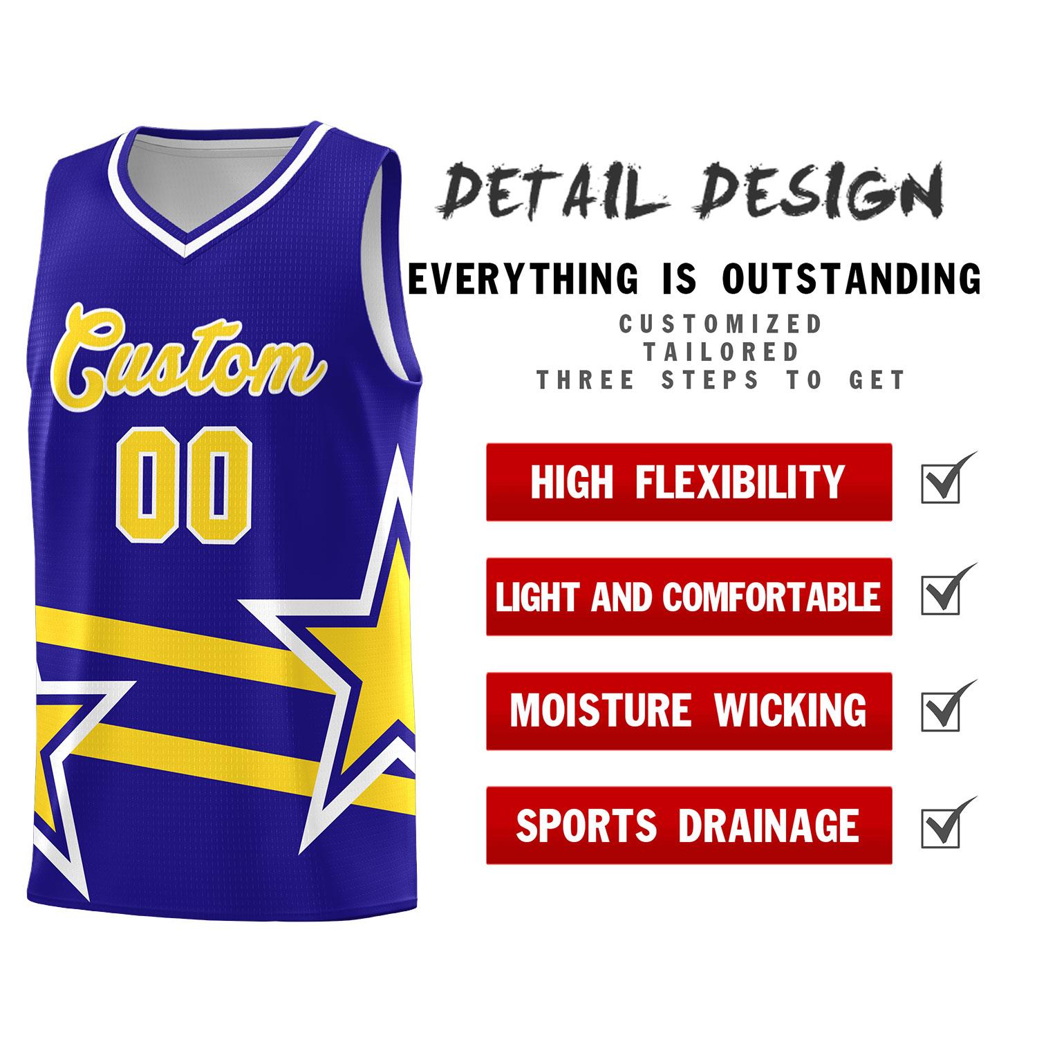 Custom Royal Basketball Kits With Gold Star Pattern And Double Lines