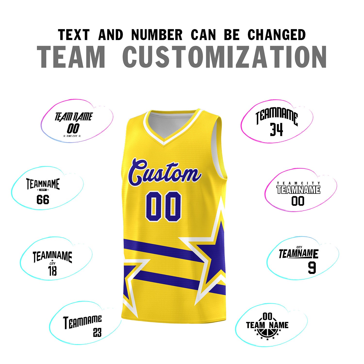 Custom Gold Basketball Kits With Royal Star Pattern And Double Lines