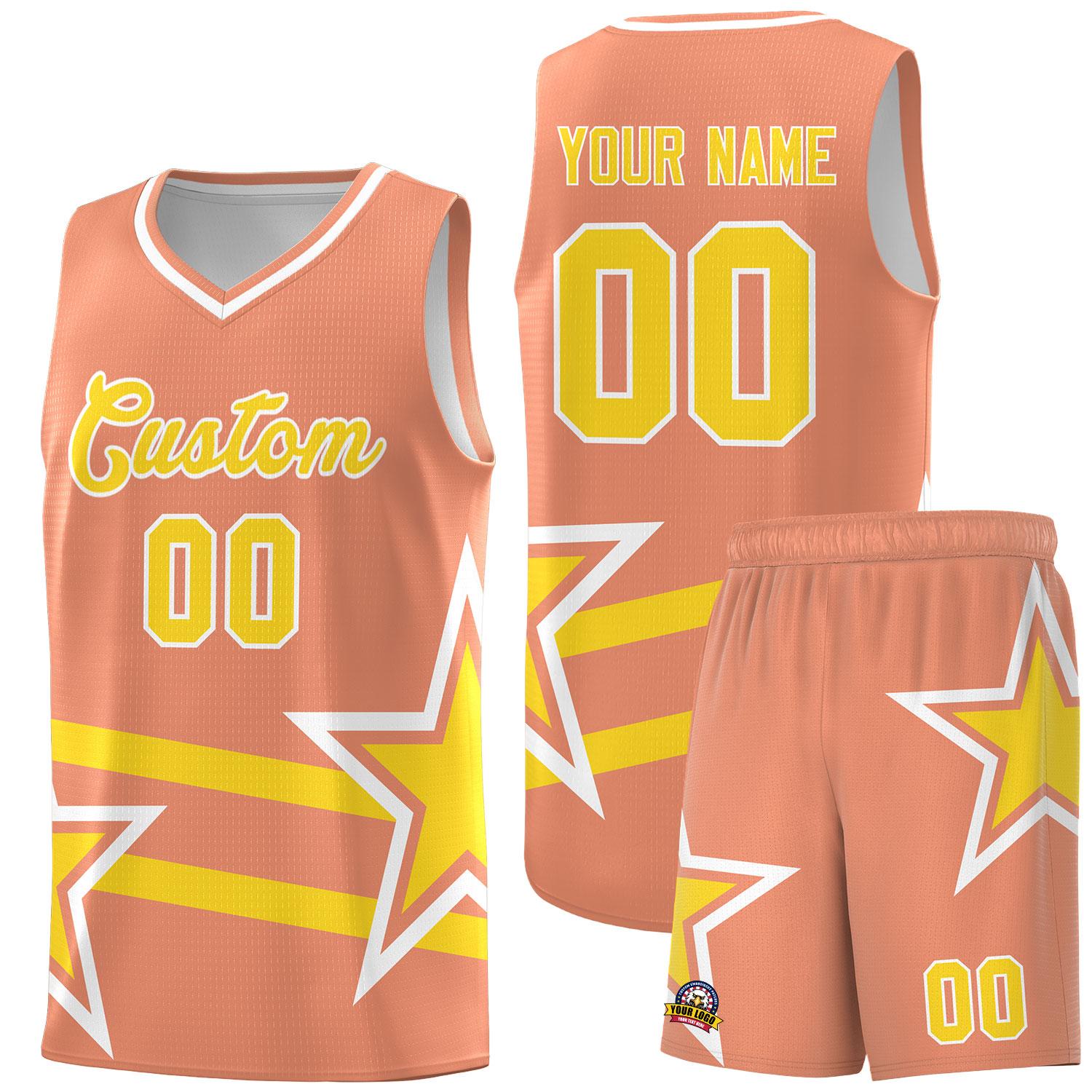 Custom Light Orange Basketball Kits With Gold Star Pattern And Double Lines