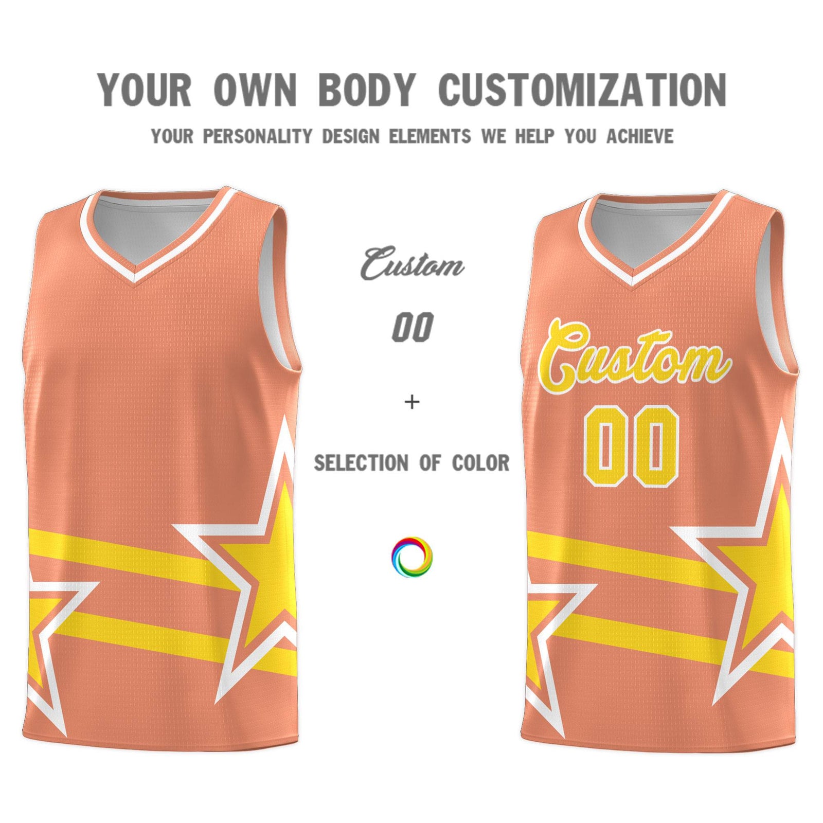 Custom Light Orange Basketball Kits With Gold Star Pattern And Double Lines