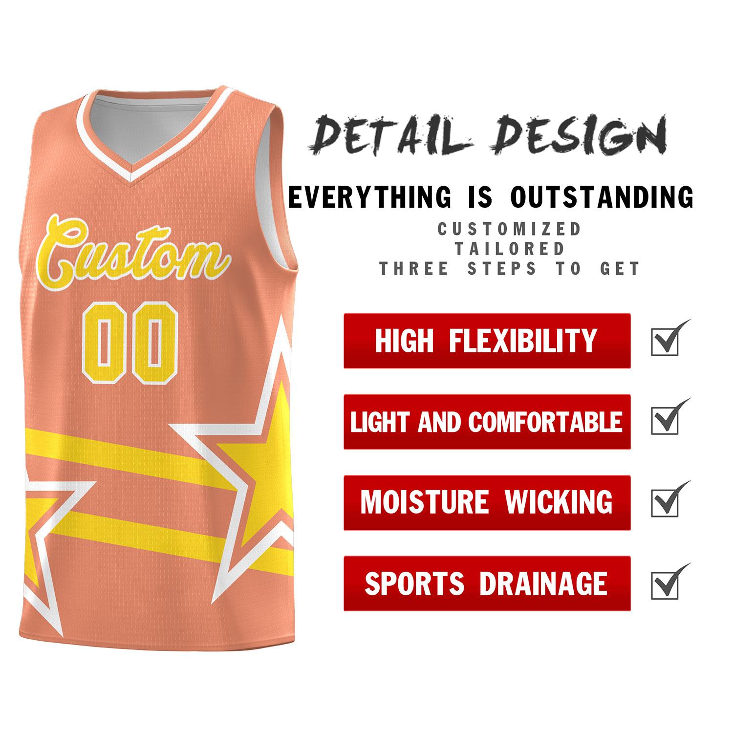 Custom Light Orange Basketball Kits With Gold Star Pattern And Double Lines