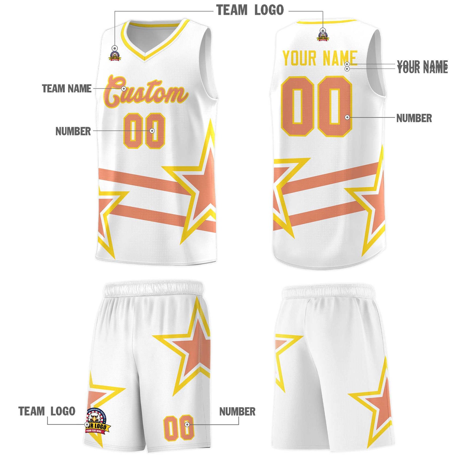 Custom White Basketball Kits With Light Orange Star Pattern And Double Lines