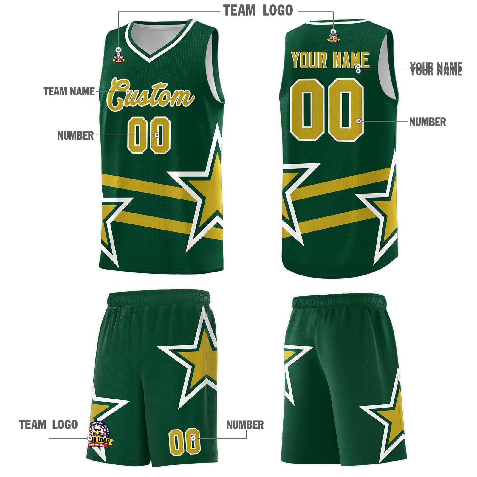 Custom Green Basketball Kits With Old Gold Star Pattern And Double Lines
