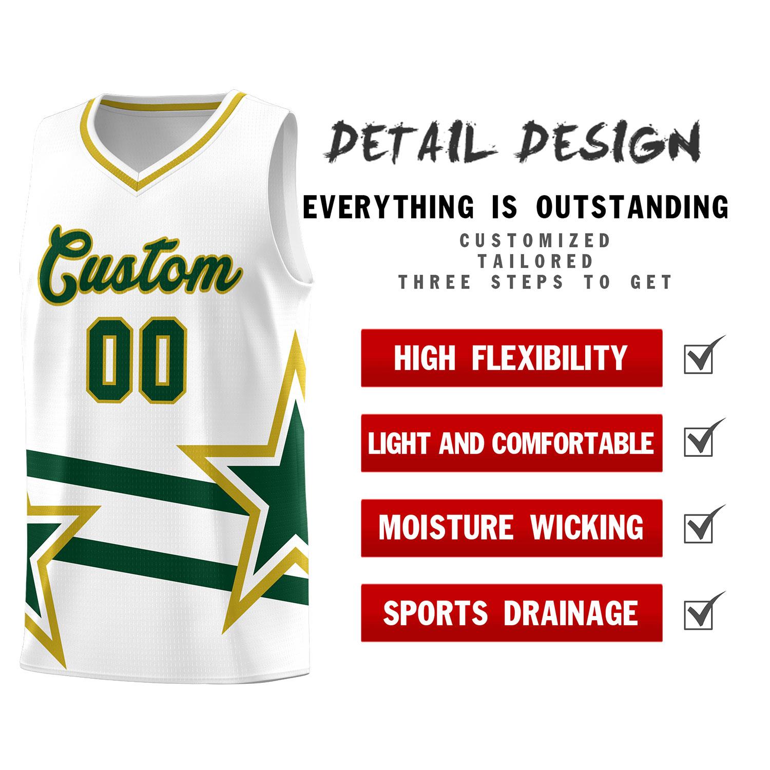 Custom White Basketball Kits With Green Star Pattern And Double Lines