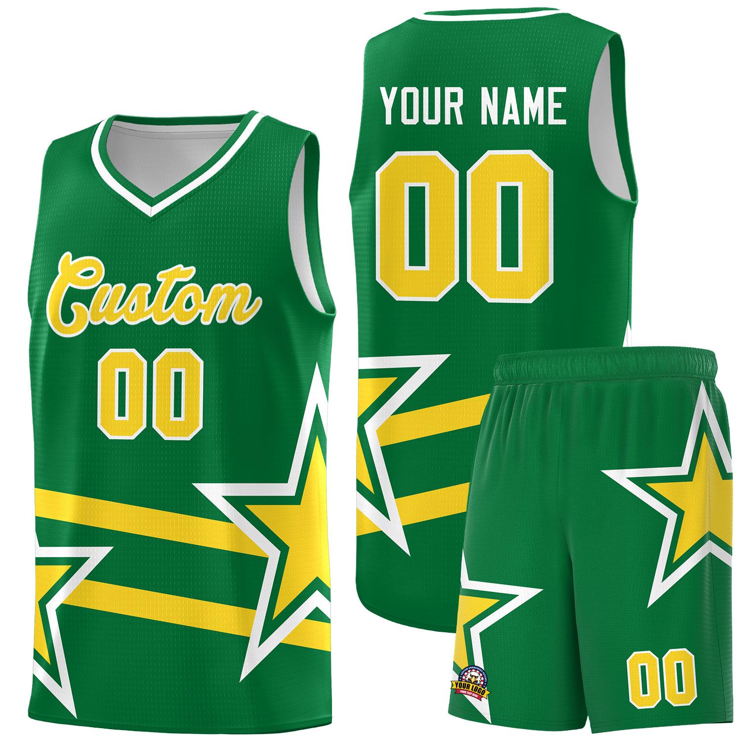 Custom Kelly Green Basketball Kits With Gold Star Pattern And Double Lines