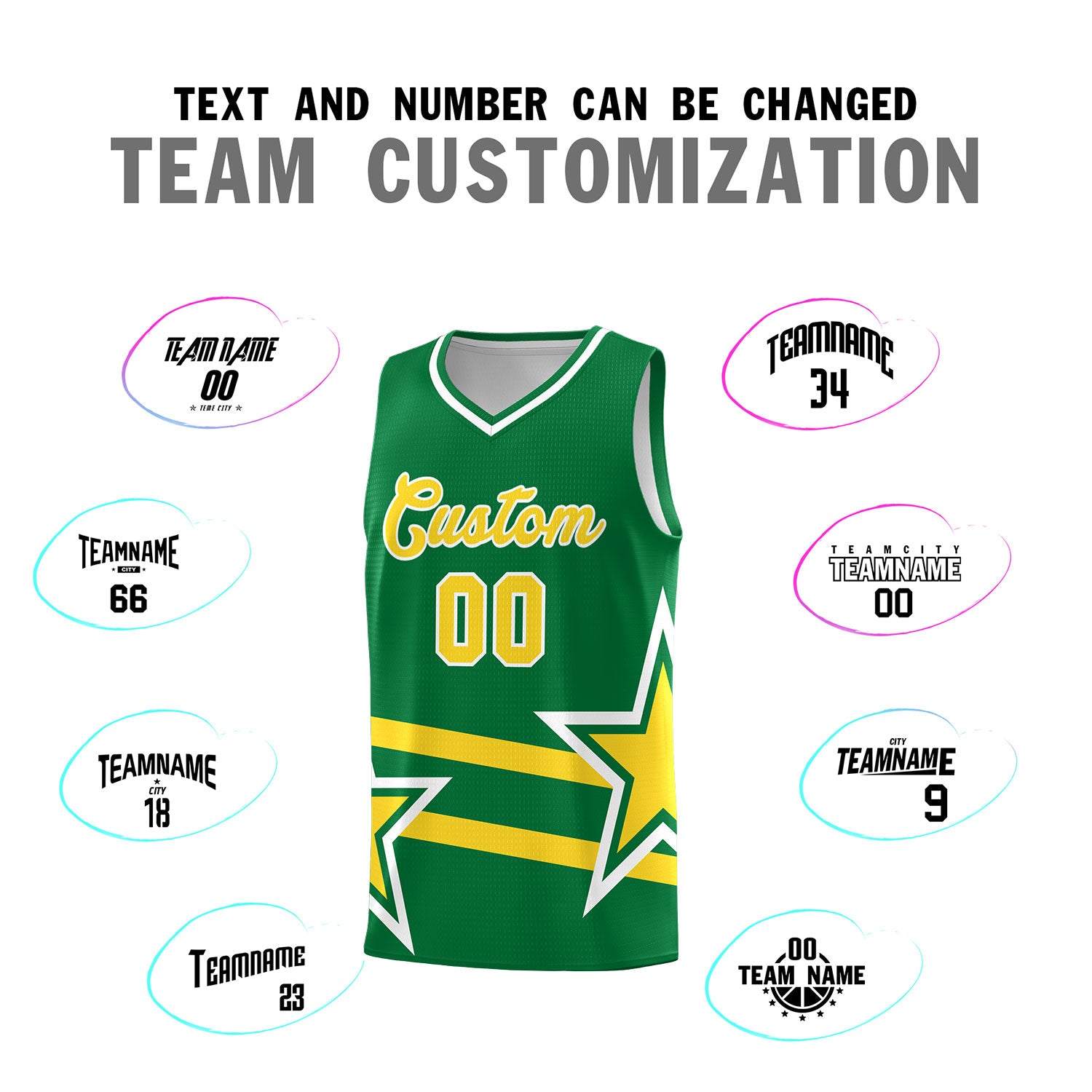 Custom Kelly Green Basketball Kits With Gold Star Pattern And Double Lines