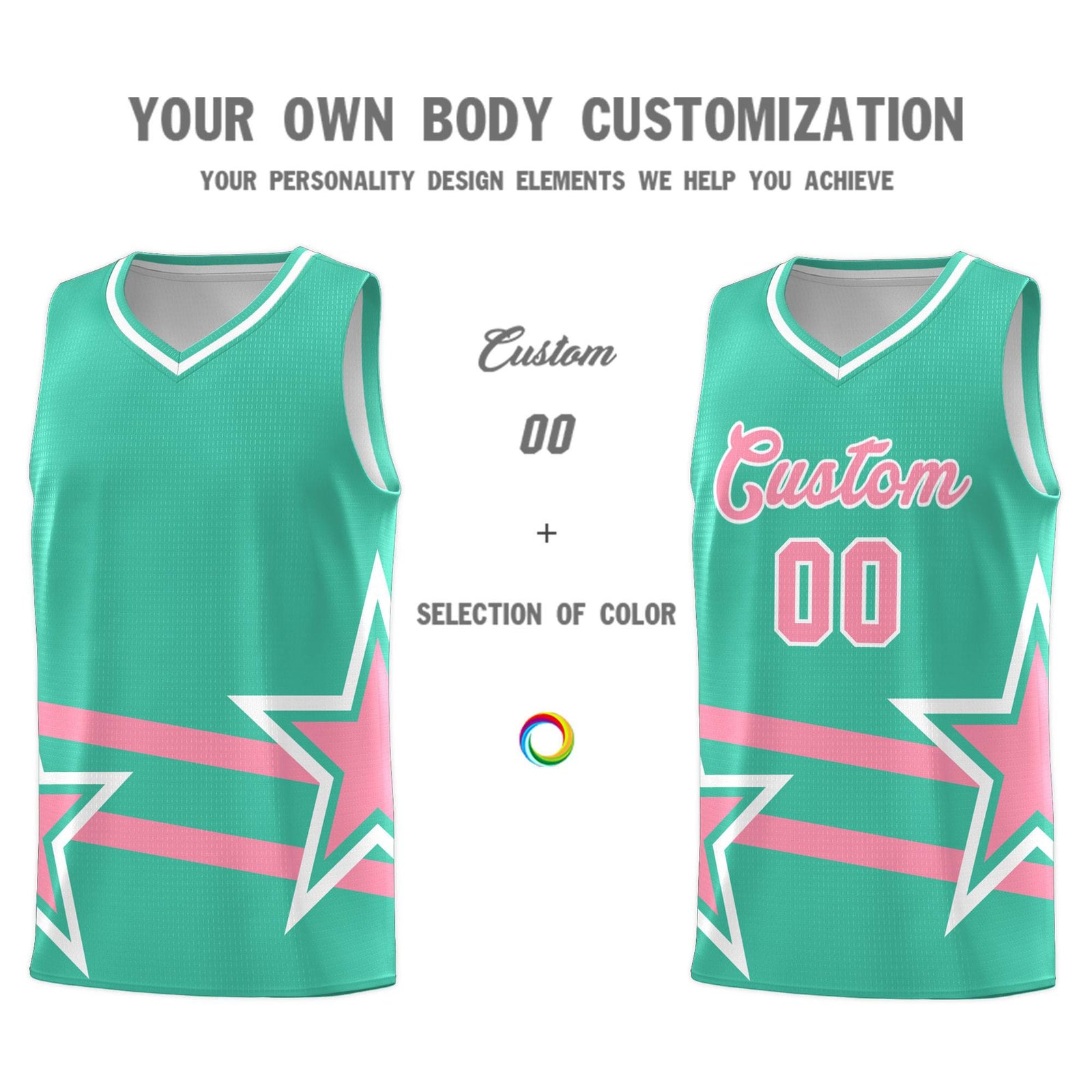 Custom Bright Green Basketball Kits With Light Pink Star Pattern And Double Lines