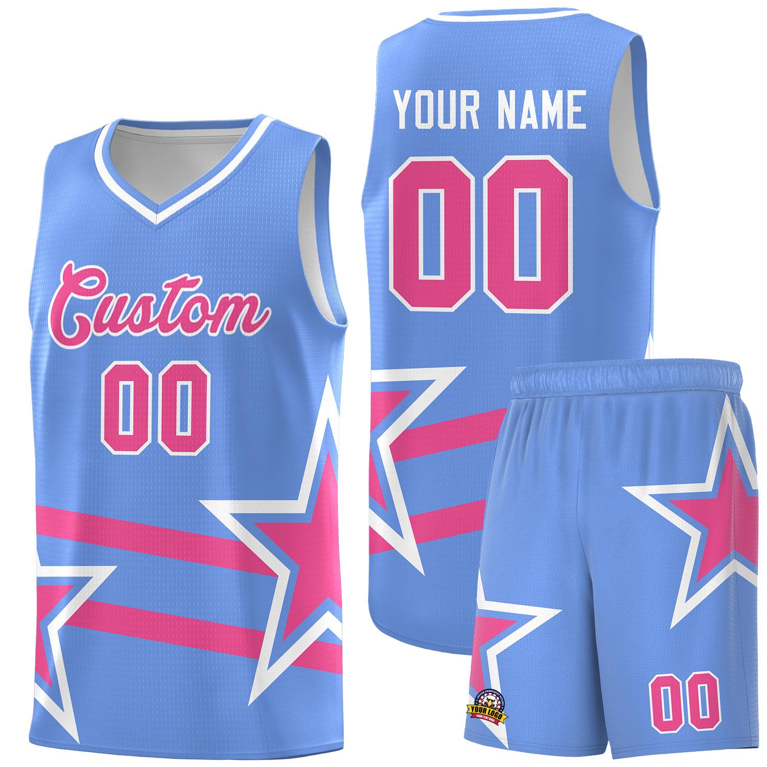 Custom Light Blue Basketball Kits With Pink Star Pattern And Double Lines