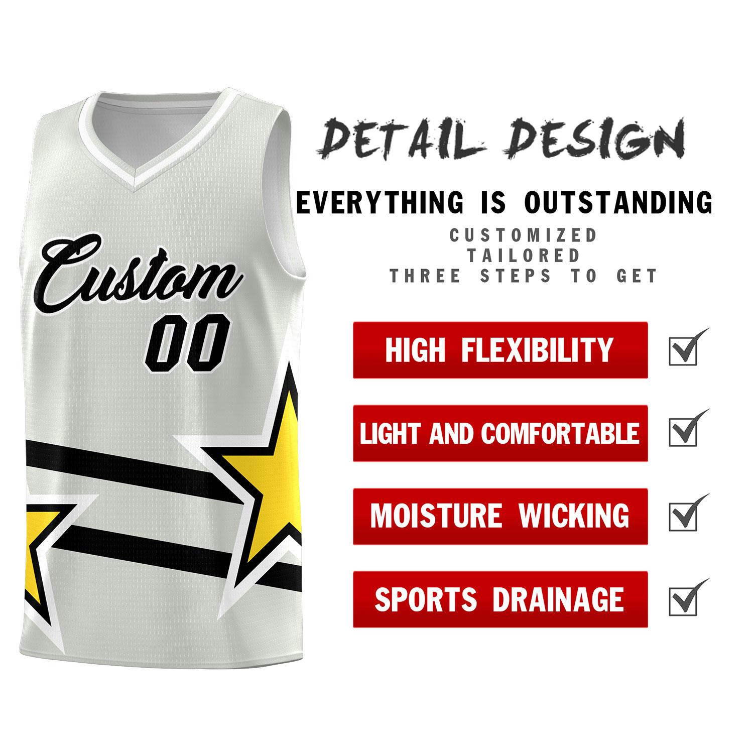 Custom Gray Basketball Kits With Gold Star Pattern And Double Lines