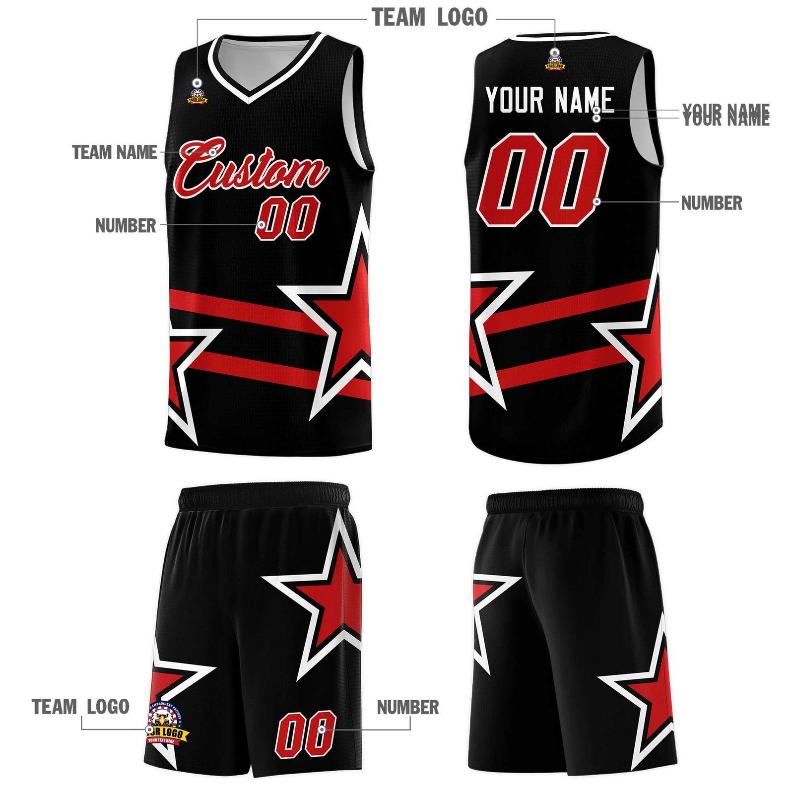 Custom Black Basketball Kits With Red Star Pattern And Double Lines