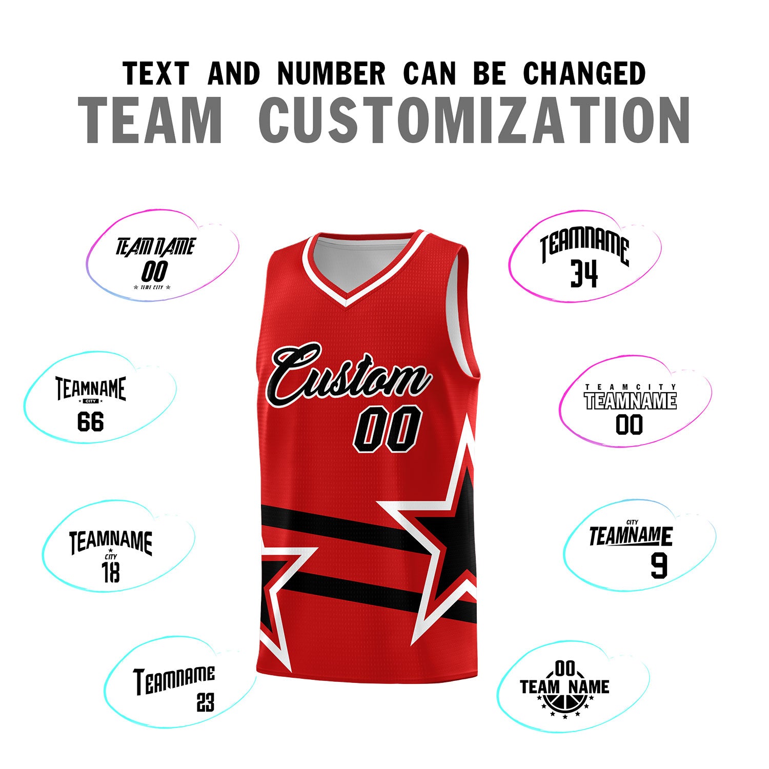 Custom Red Basketball Kits With Black Star Pattern And Double Lines