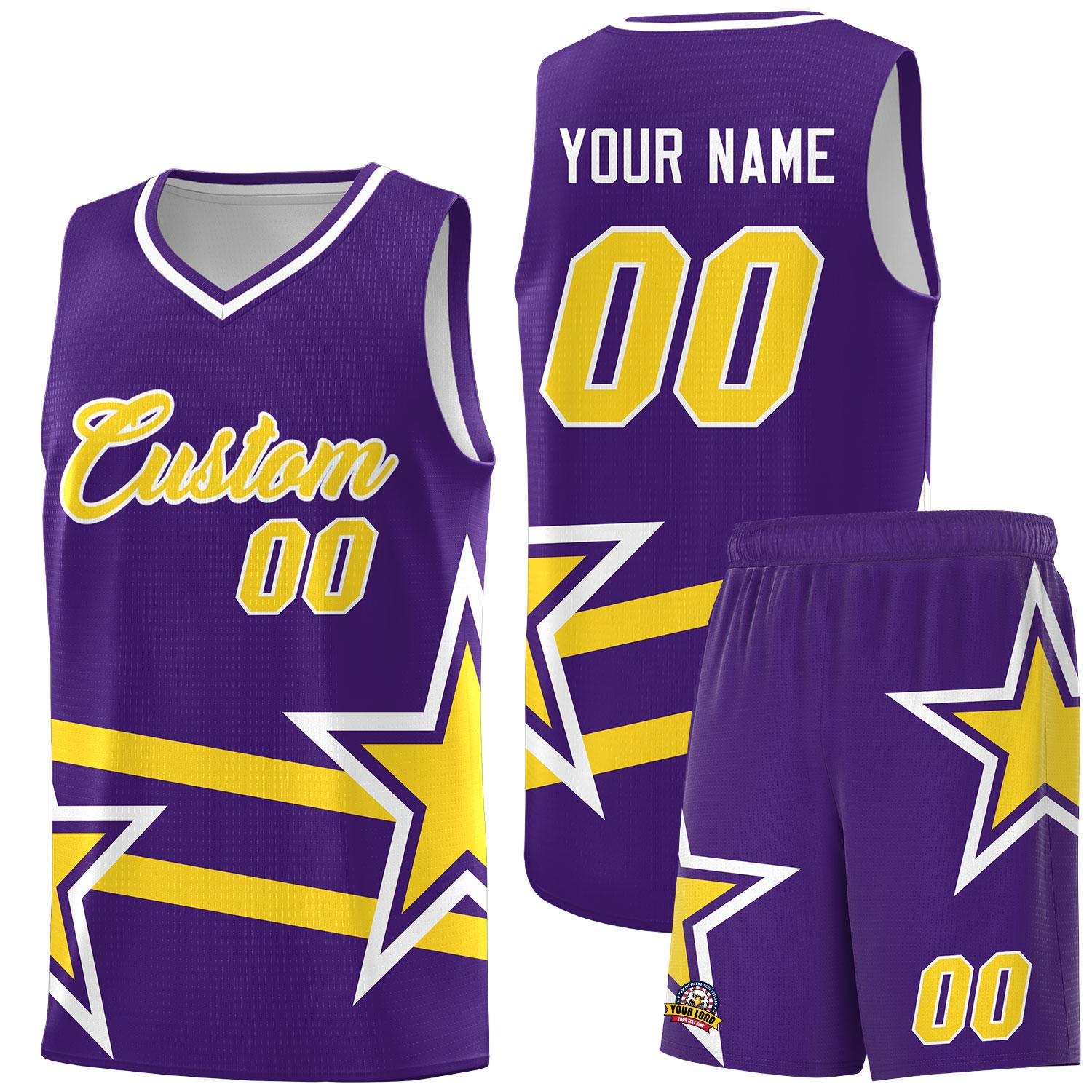 Custom Purple Basketball Kits With Gold Star Pattern And Double Lines