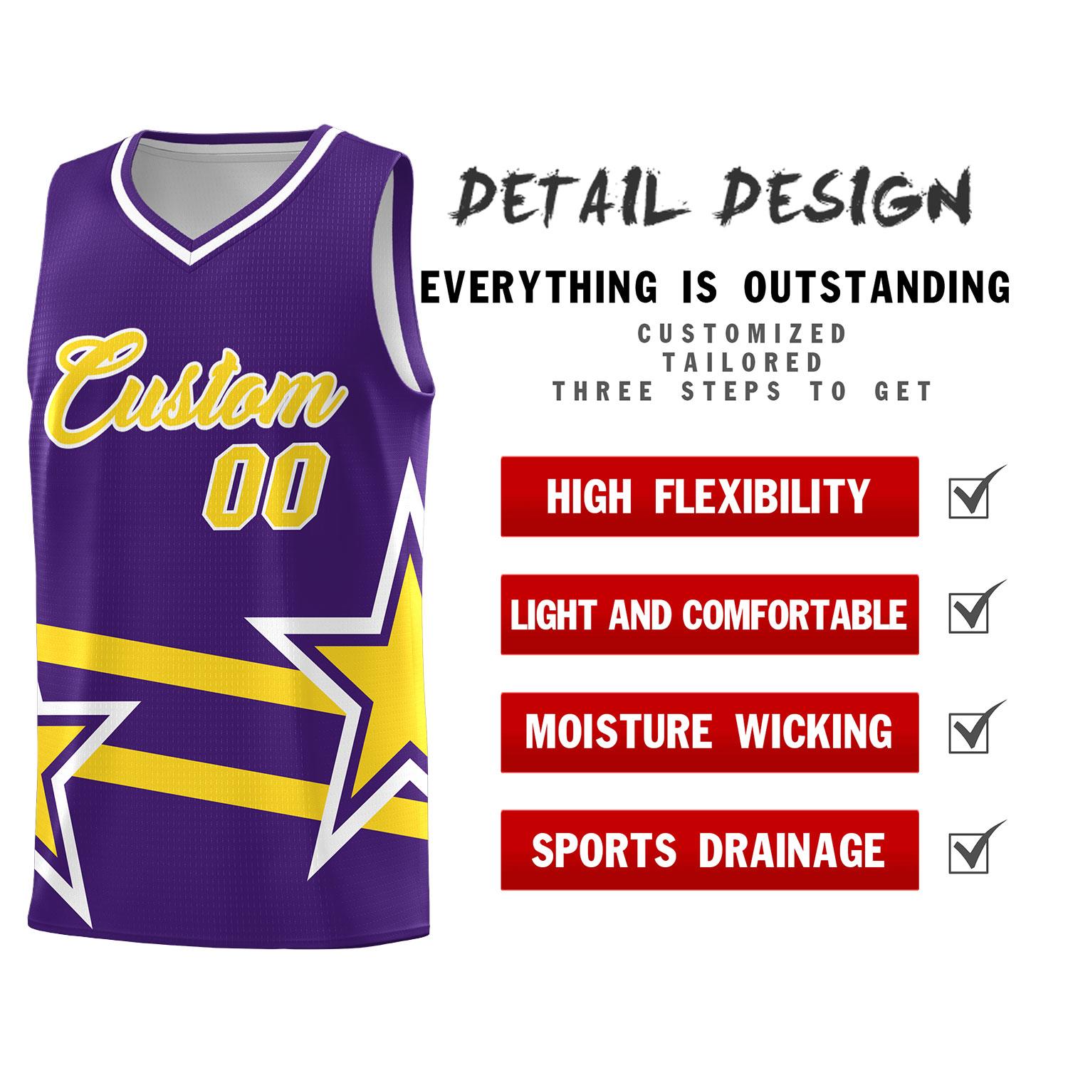 Custom Purple Basketball Kits With Gold Star Pattern And Double Lines