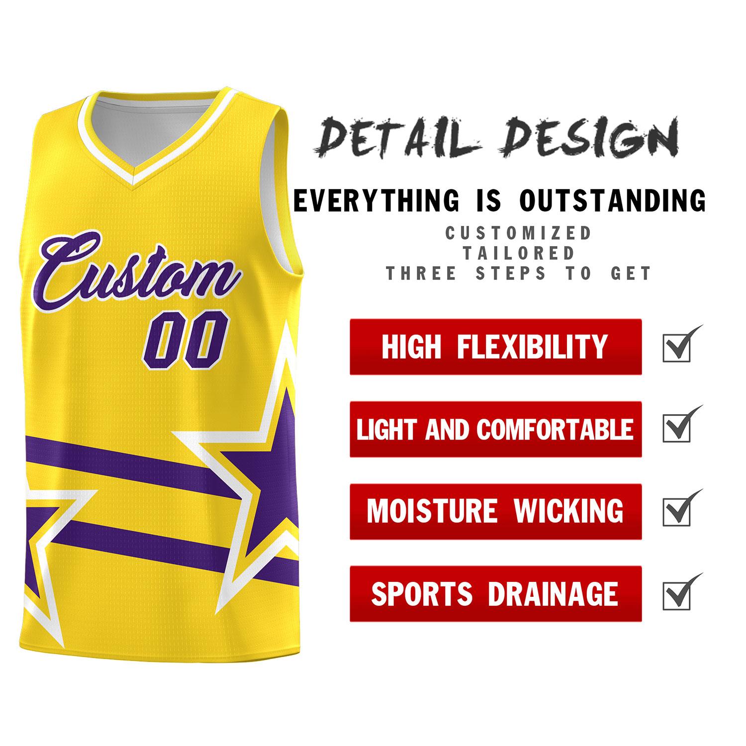 Custom Gold Basketball Kits With Purple Star Pattern And Double Lines