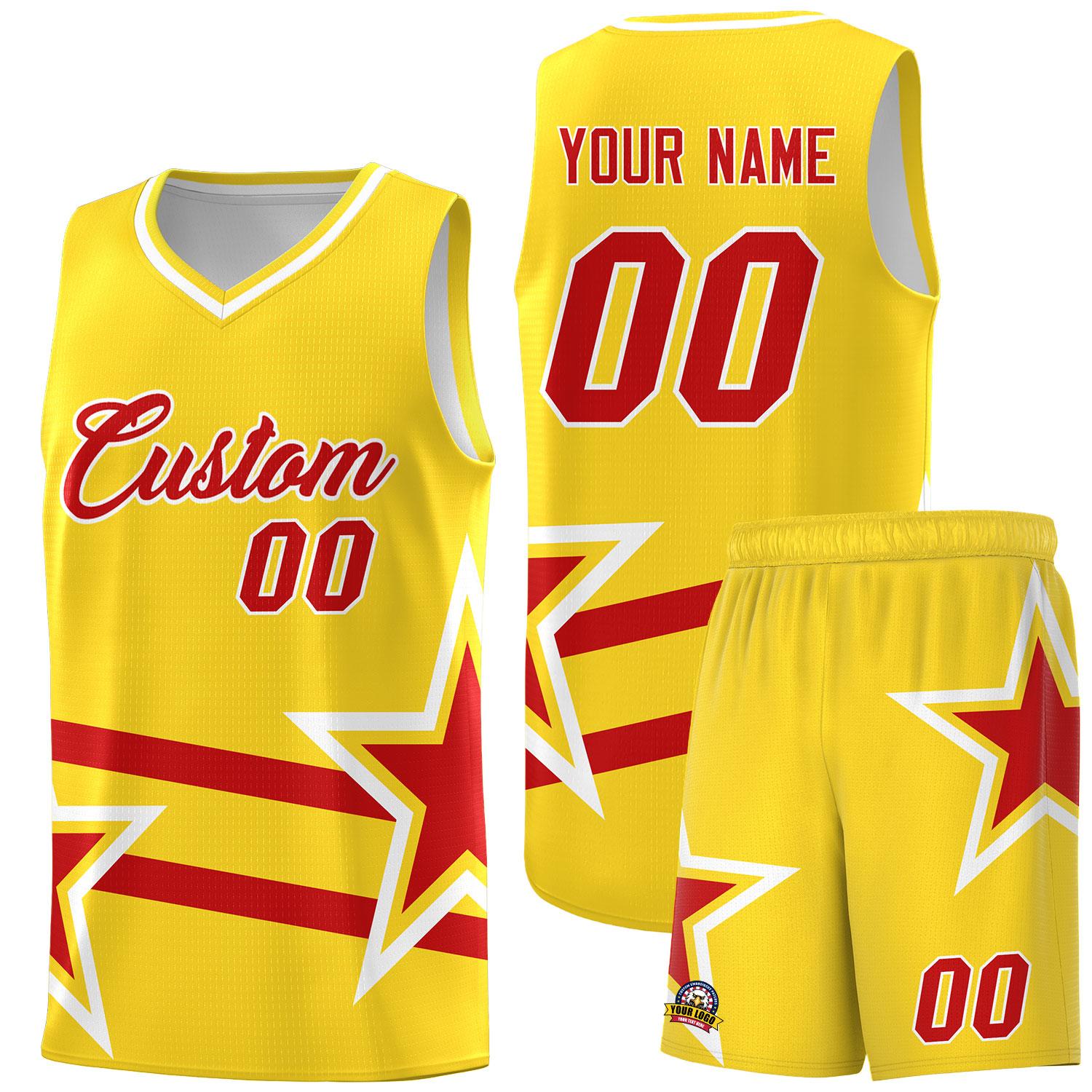 Custom Gold Basketball Kits With Red Star Pattern And Double Lines